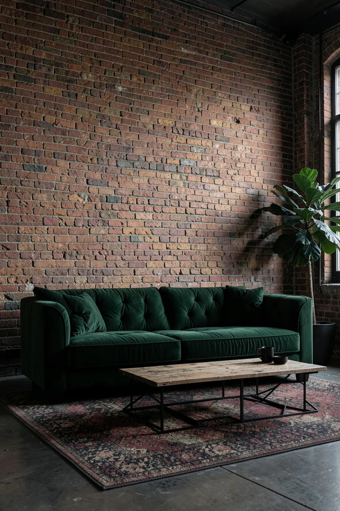 A dark hunter green sofa positioned against a textured red brick wall in an industrial loft.