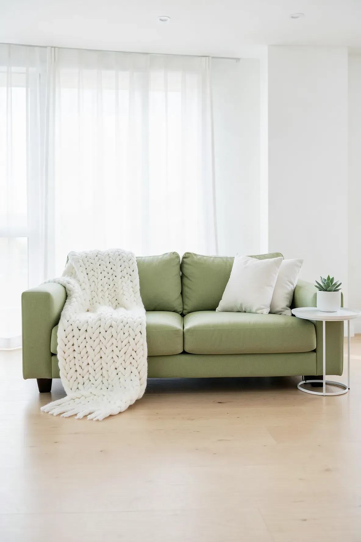 A pale pistachio couch with a chunky white knit blanket in a bright, minimalist white living room.