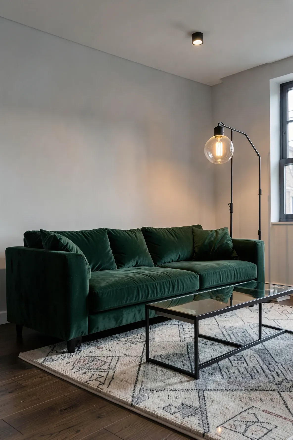 A green velvet sofa paired with a black metal industrial floor lamp in a modern gray living room.