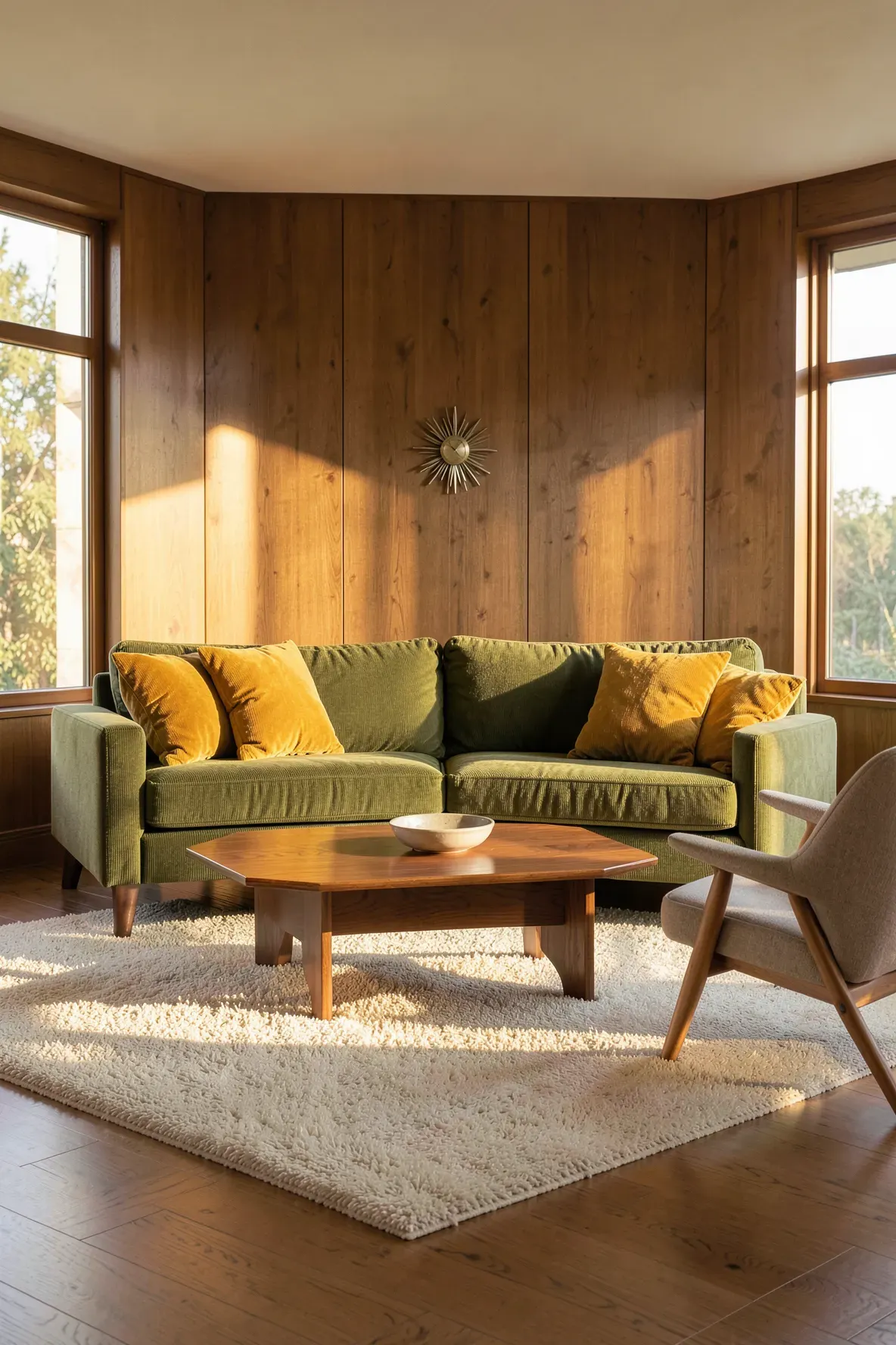 An olive green sofa with mustard yellow pillows in a warm mid-century modern living room.