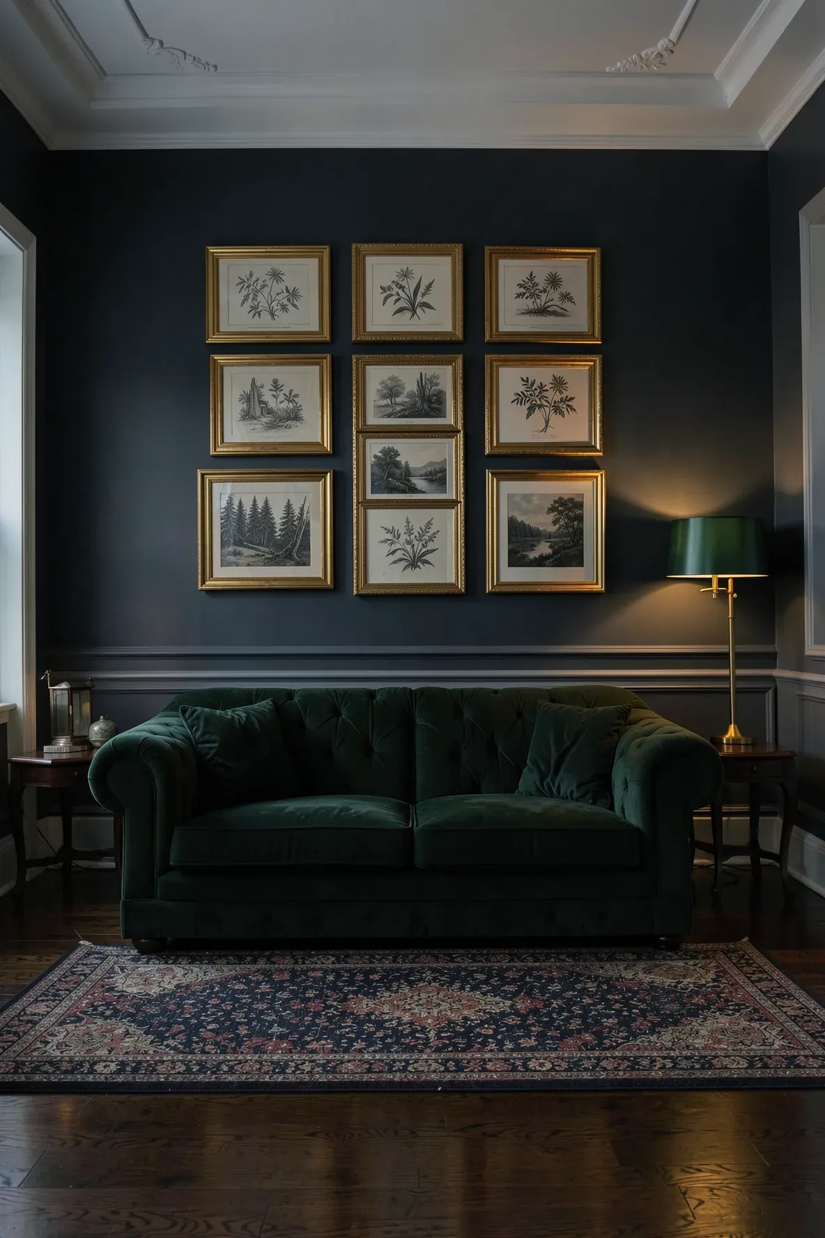 A dark forest green sofa in front of a gallery wall with elegant gold leaf picture frames.