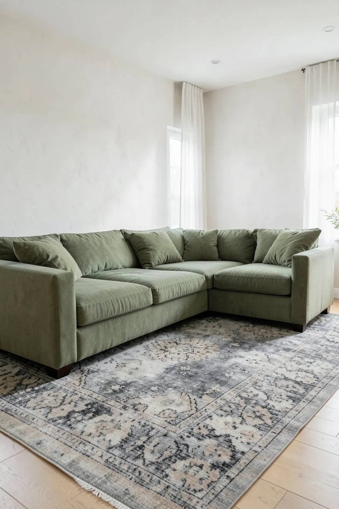 A sage green sectional sofa sitting on a faded grey Persian rug in a bright, modern living room.