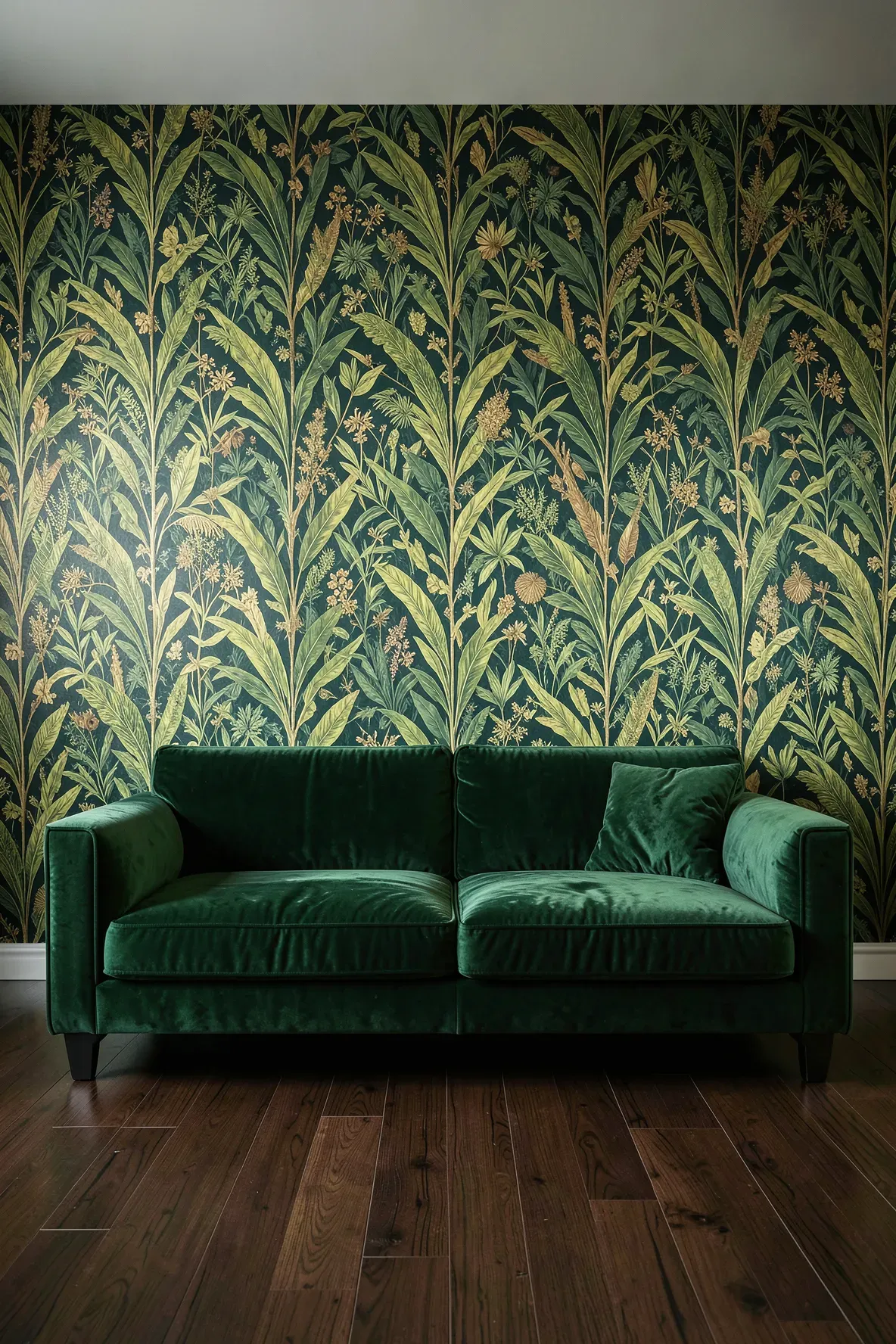 A rich emerald velvet sofa in front of a wall covered in lush green botanical leaf wallpaper.