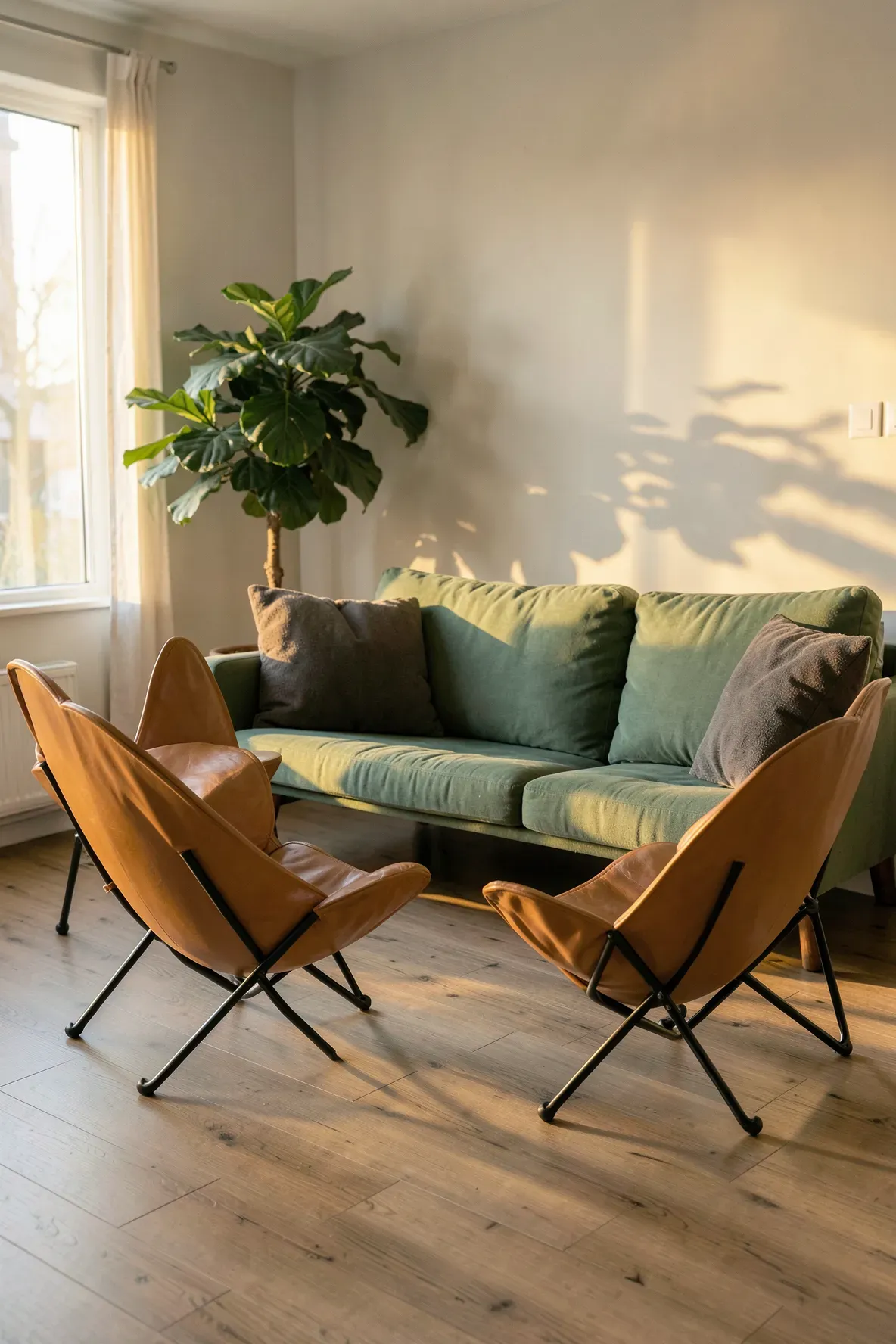A muted green sofa paired with two tan leather butterfly chairs in a sunlit eclectic living room.
