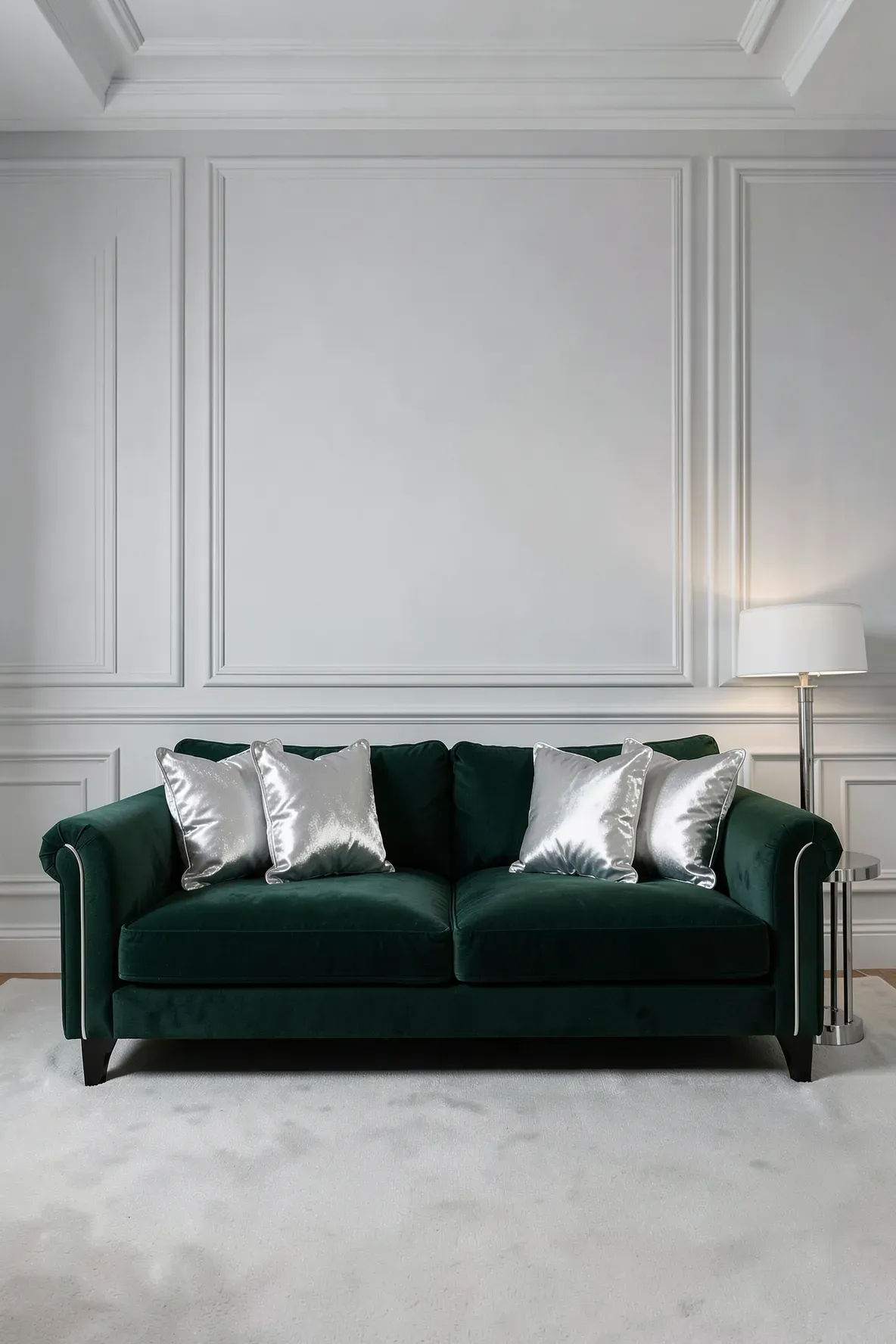 A dark green settee with shiny silver silk pillows in a formal room with classic wall moldings.