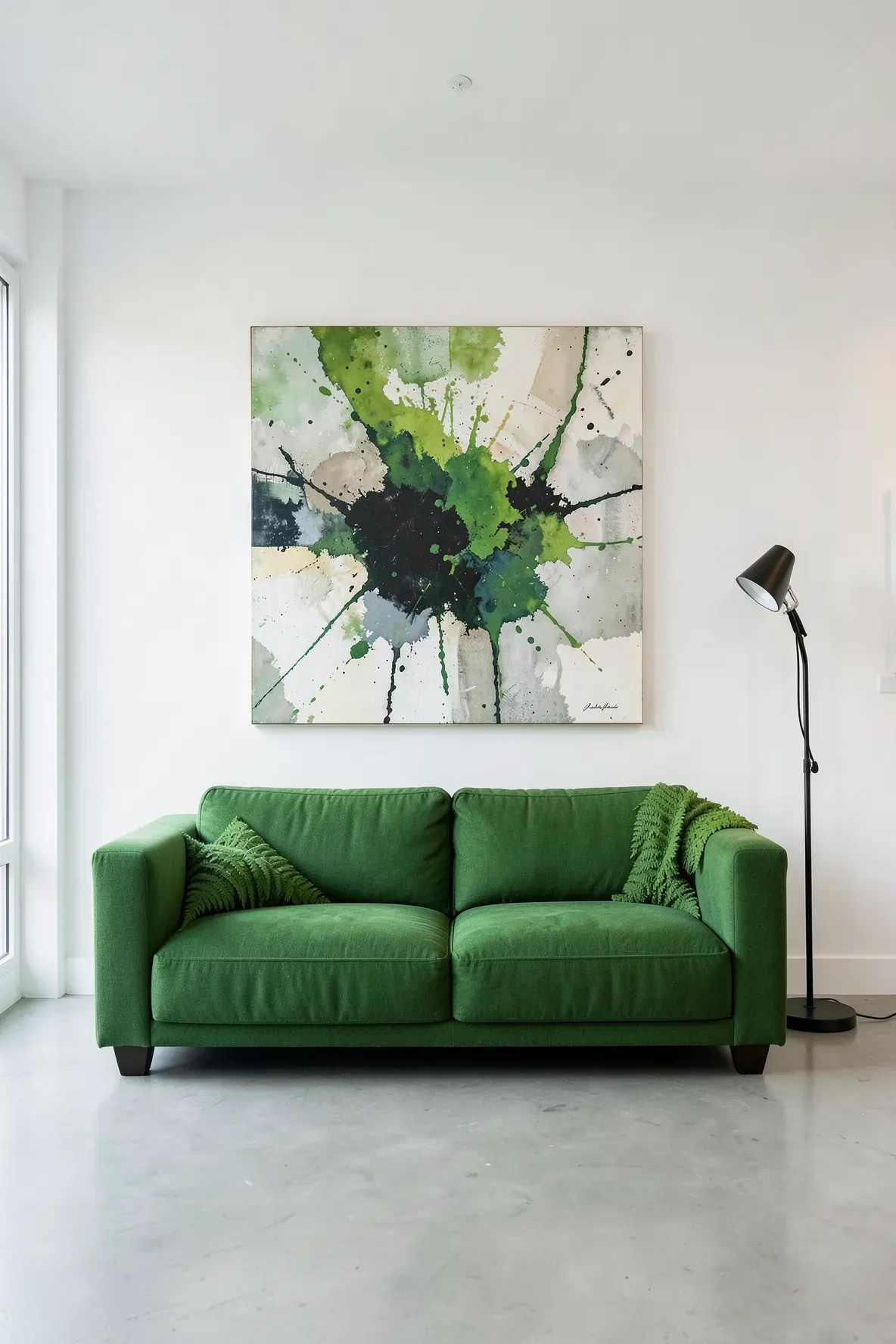 A vibrant fern green sofa sitting below a large abstract painting with green and neutral colors.
