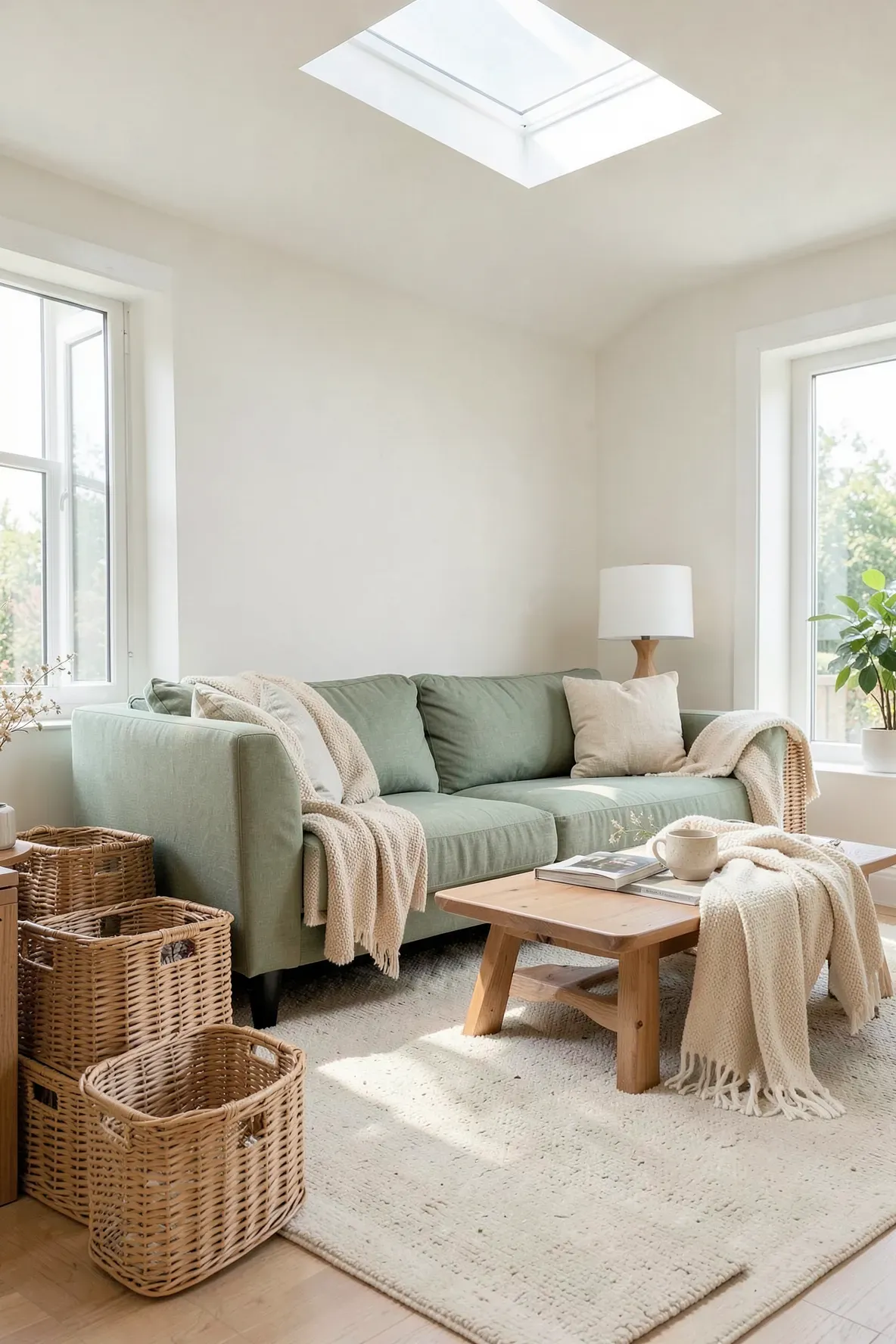 A sage green sofa in a cozy room with several wicker baskets used for storing blankets and pillows.
