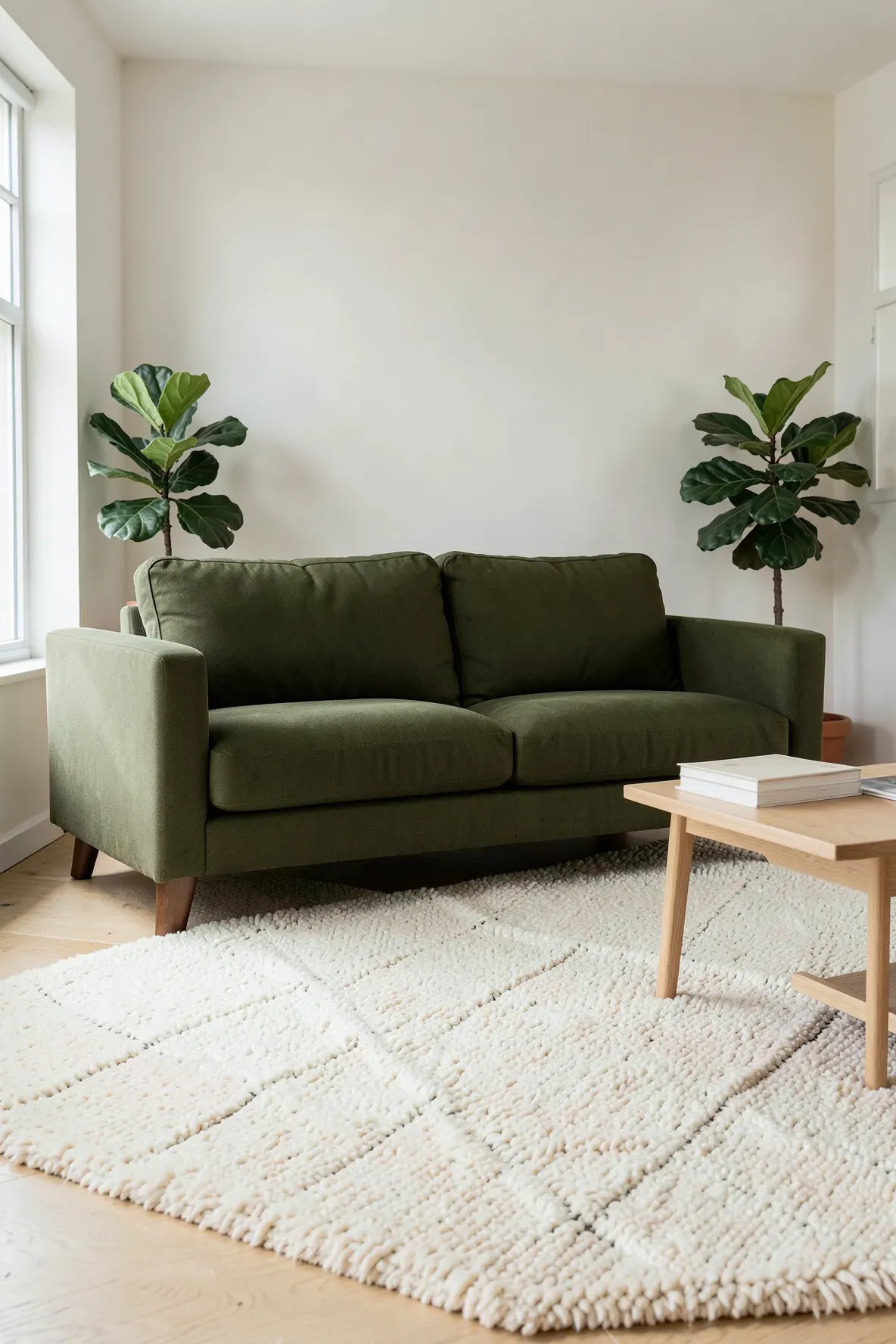 An olive green sofa on a thick cream wool rug in a bright, natural living room.