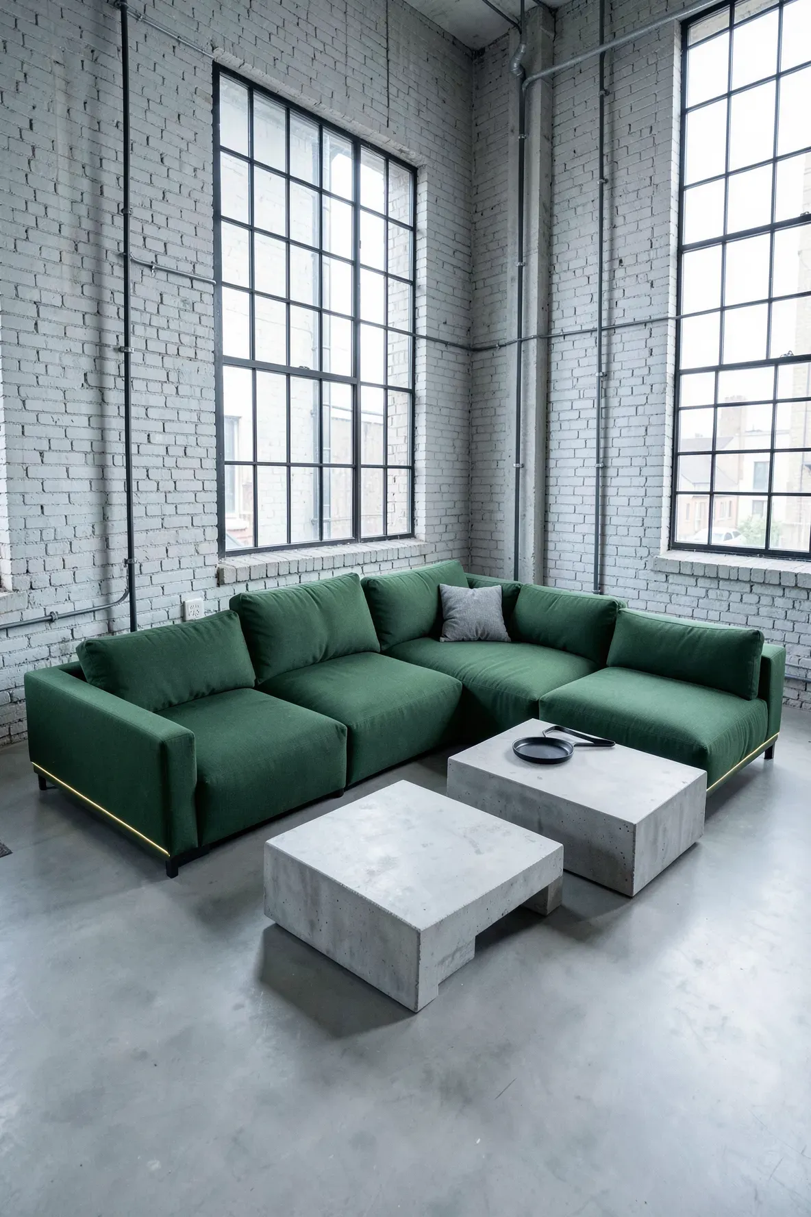 A modern green modular sectional sofa in an industrial loft with concrete coffee tables.