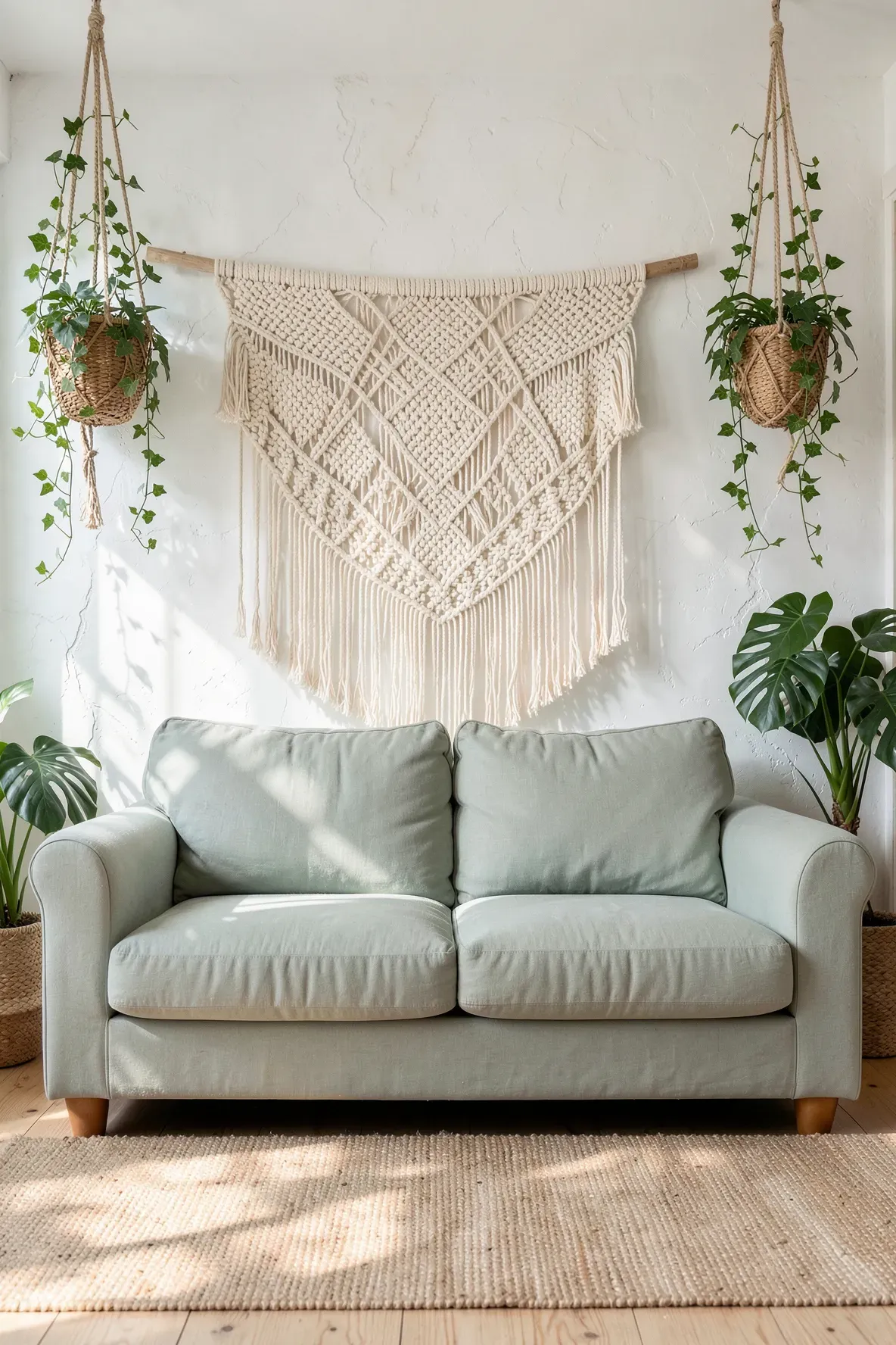 A sage green linen couch with a large macrame wall hanging in a boho-style room.