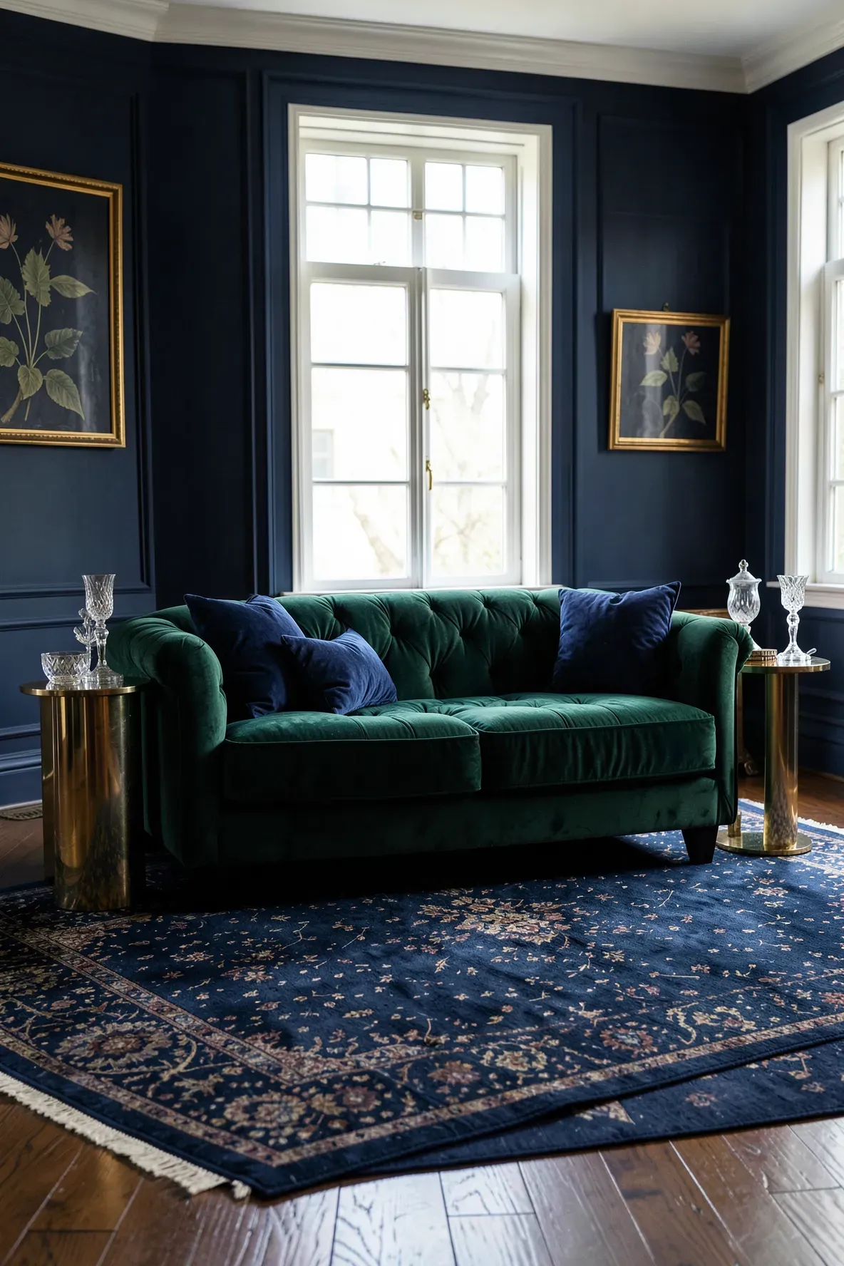A deep green velvet sofa with navy blue pillows and rug in a sophisticated, sunlit room.