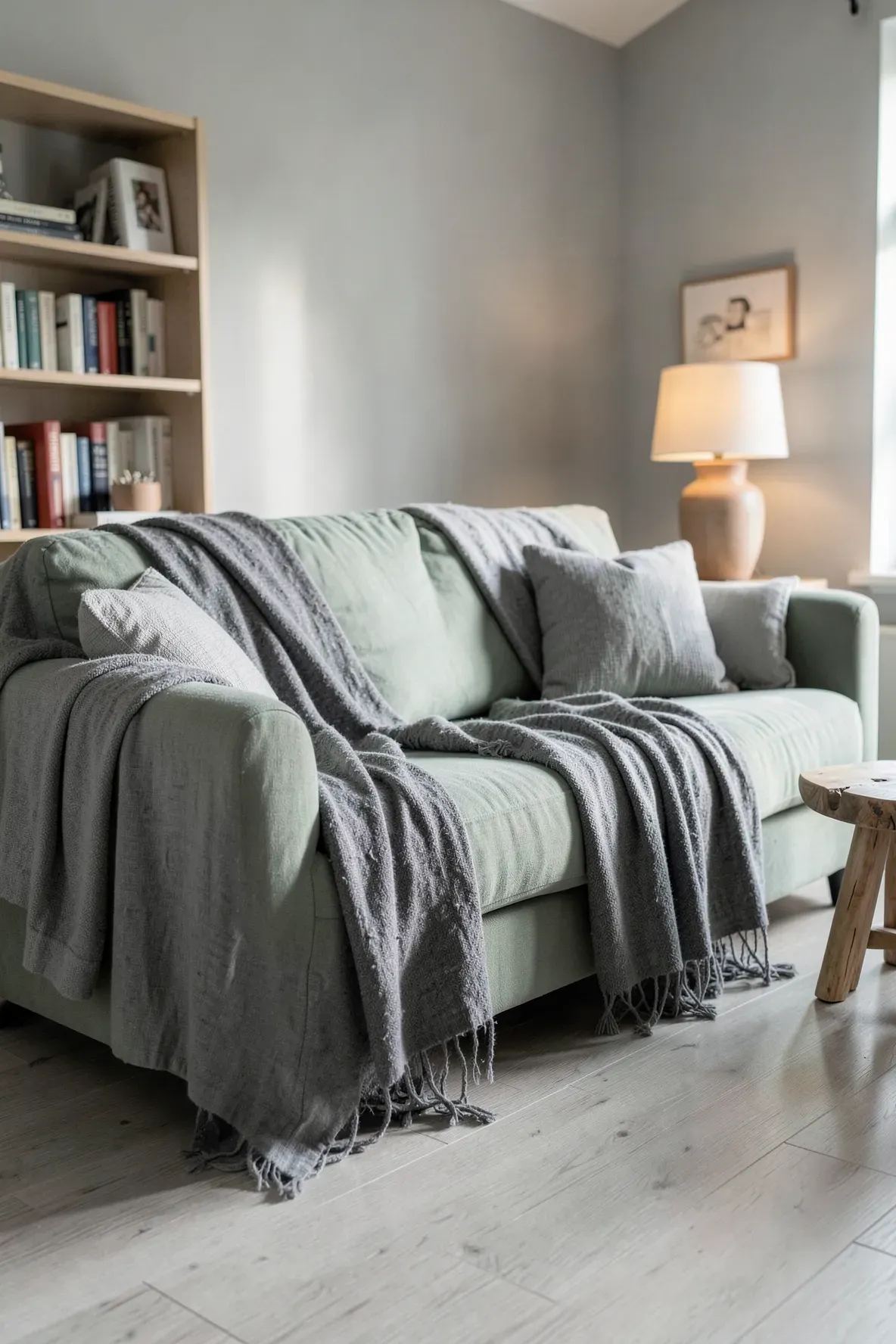 A soft sage green sofa layered with various grey linen throws in a cozy living room.