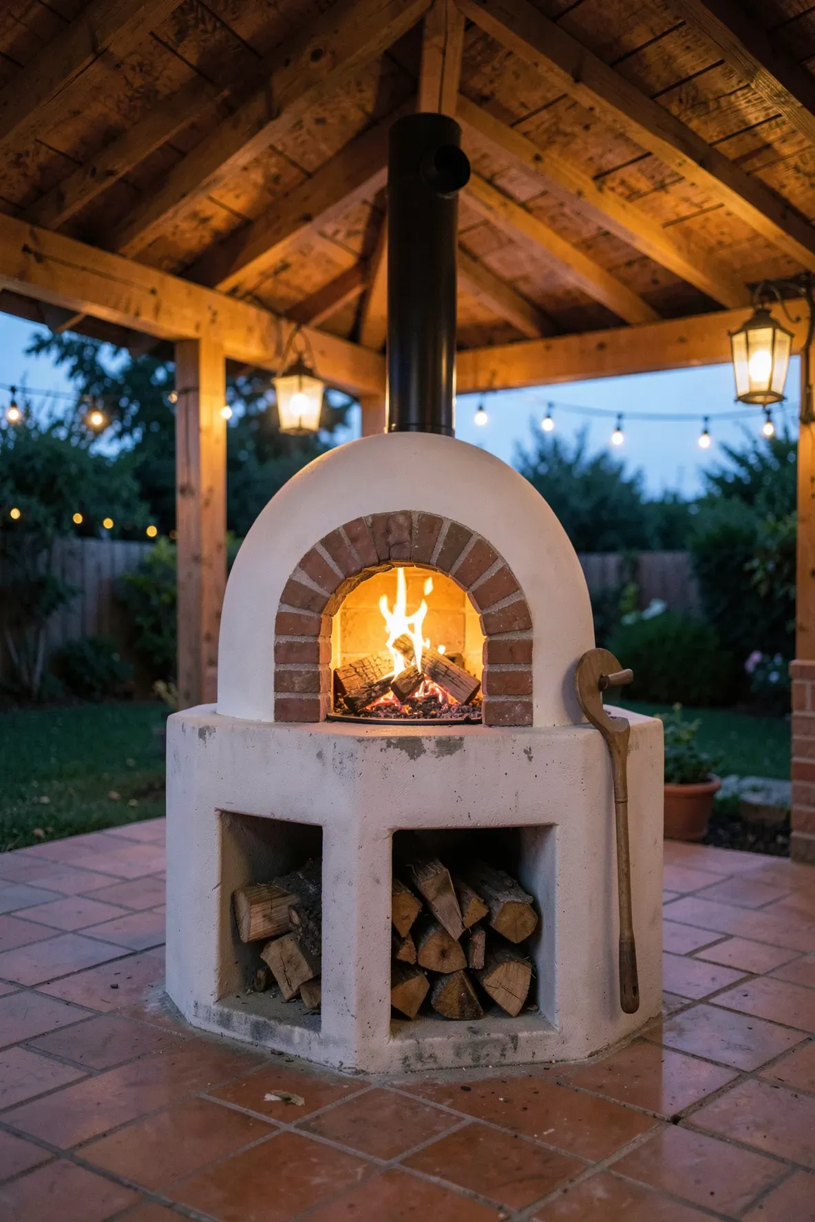 A white domed wood-fired pizza oven with a brick opening and wood storage on a covered patio.