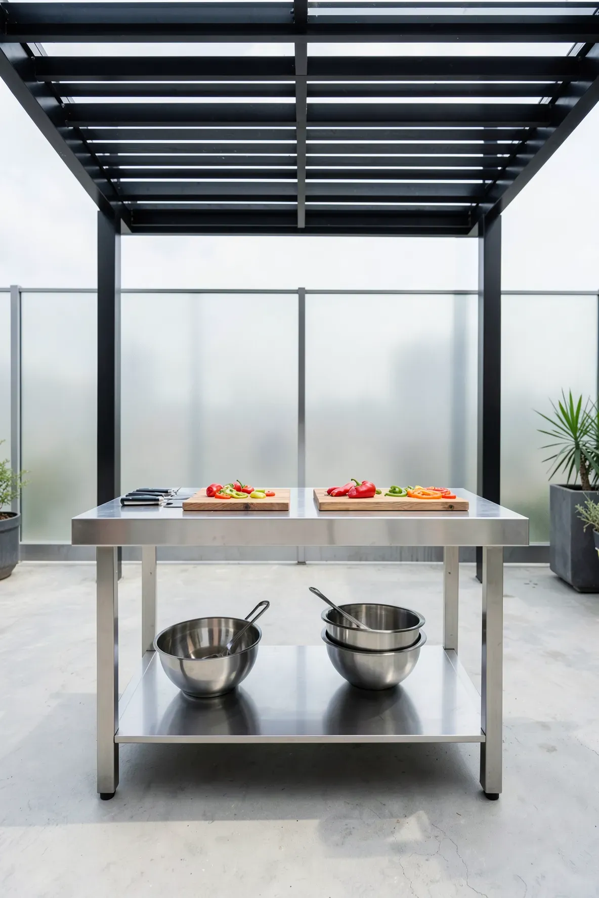 A professional stainless steel prep table with cooking tools under a modern black pergola.