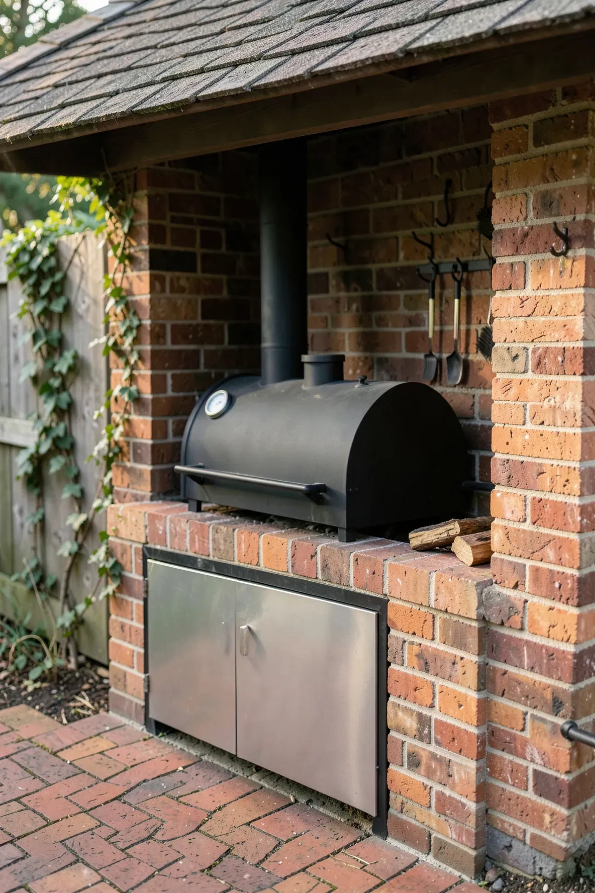 A classic red brick outdoor kitchen setup featuring a built-in black charcoal smoker and steel doors.