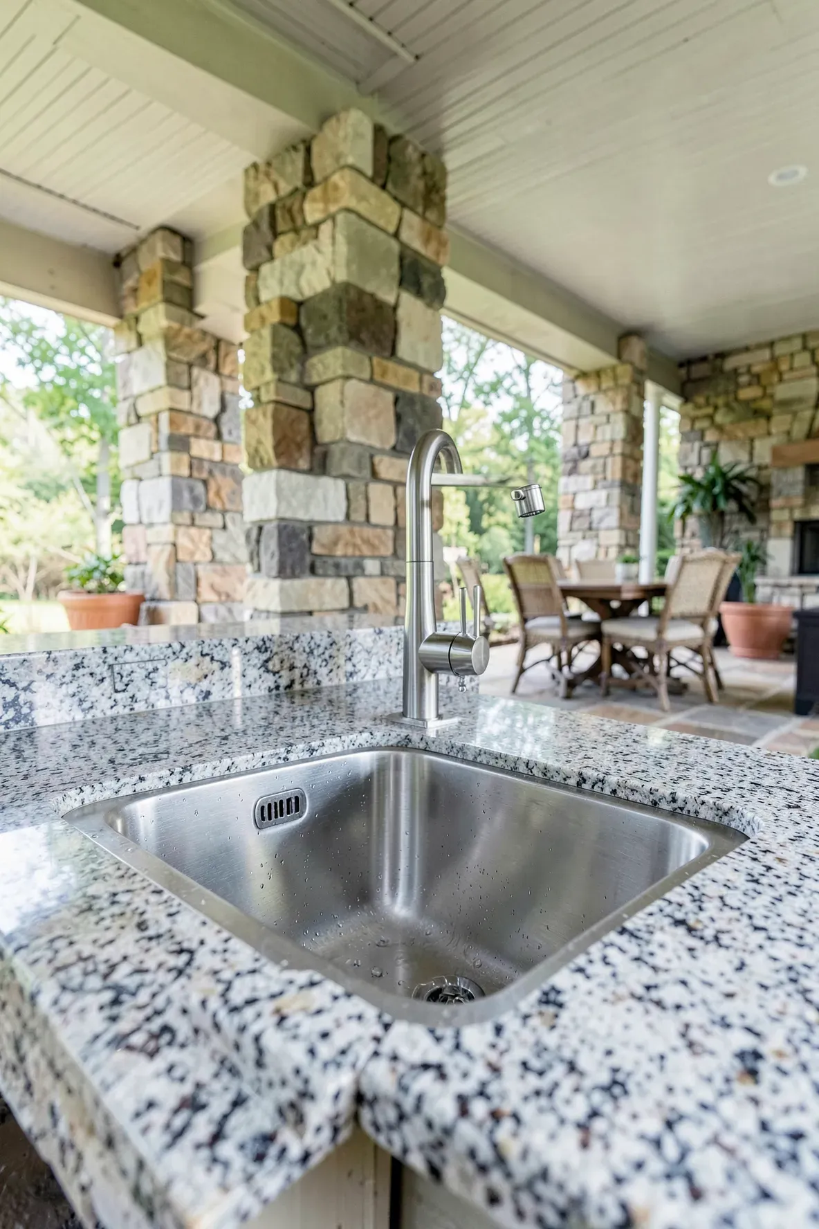 A stainless steel corner sink with a tall gooseneck faucet integrated into a stone outdoor kitchen island.