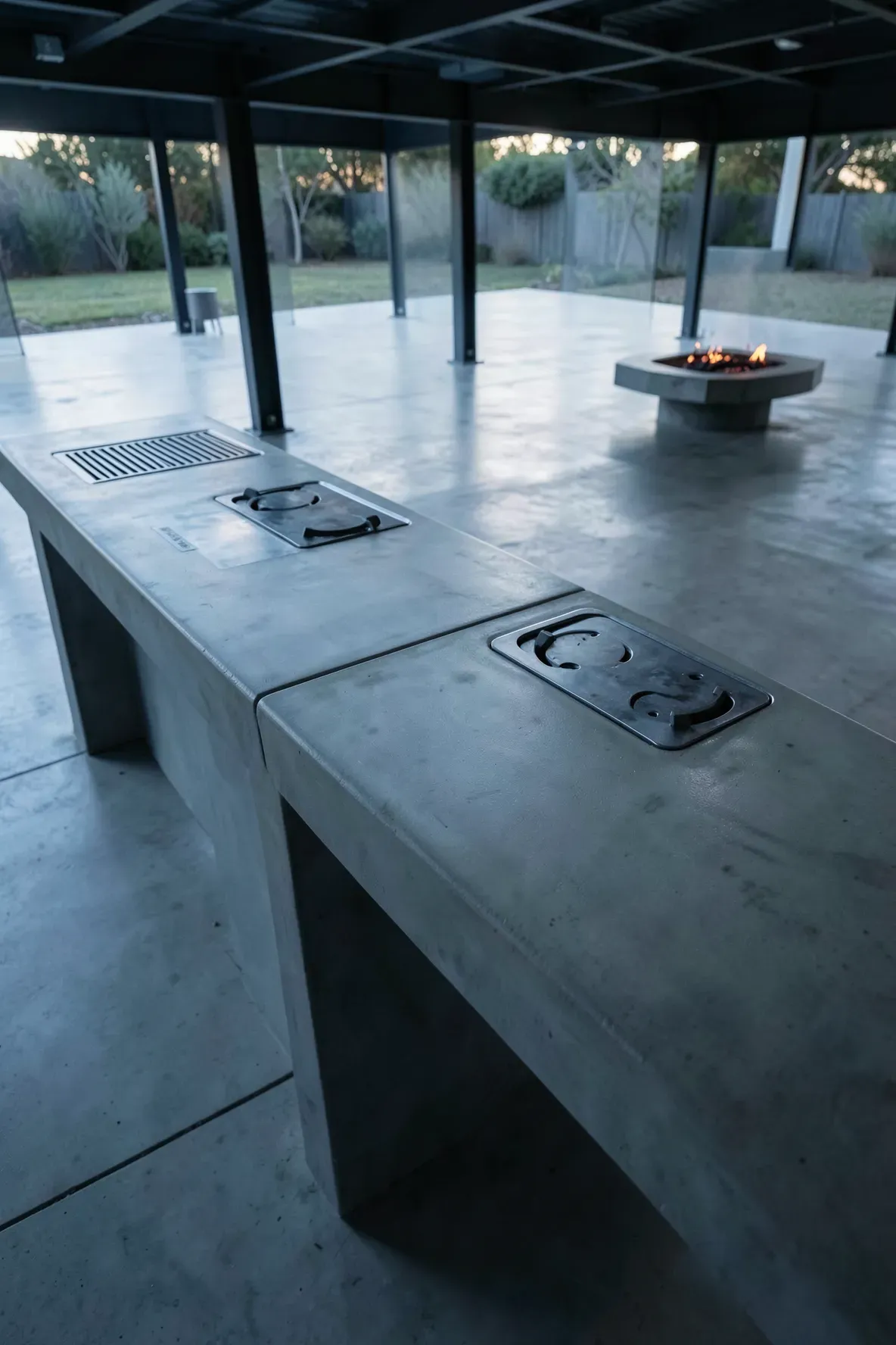 A smooth gray concrete outdoor countertop with integrated flush-mount stainless steel side burners.