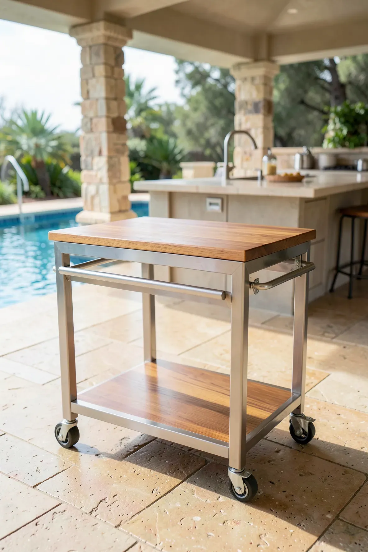 A mobile wooden prep cart with stainless steel accents and locking wheels on a sunny covered patio.