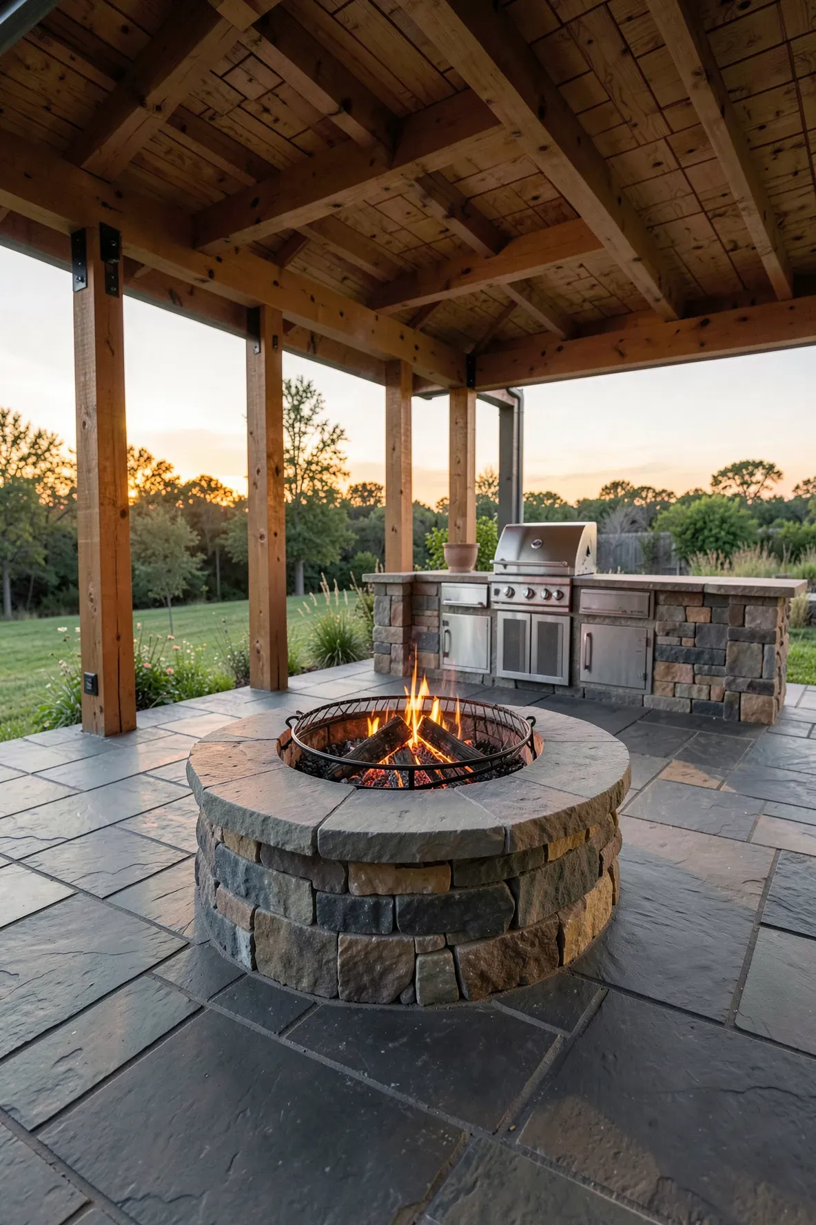 A natural stone fire pit with a swivel grill grate under a high-ceiling timber pavilion.
