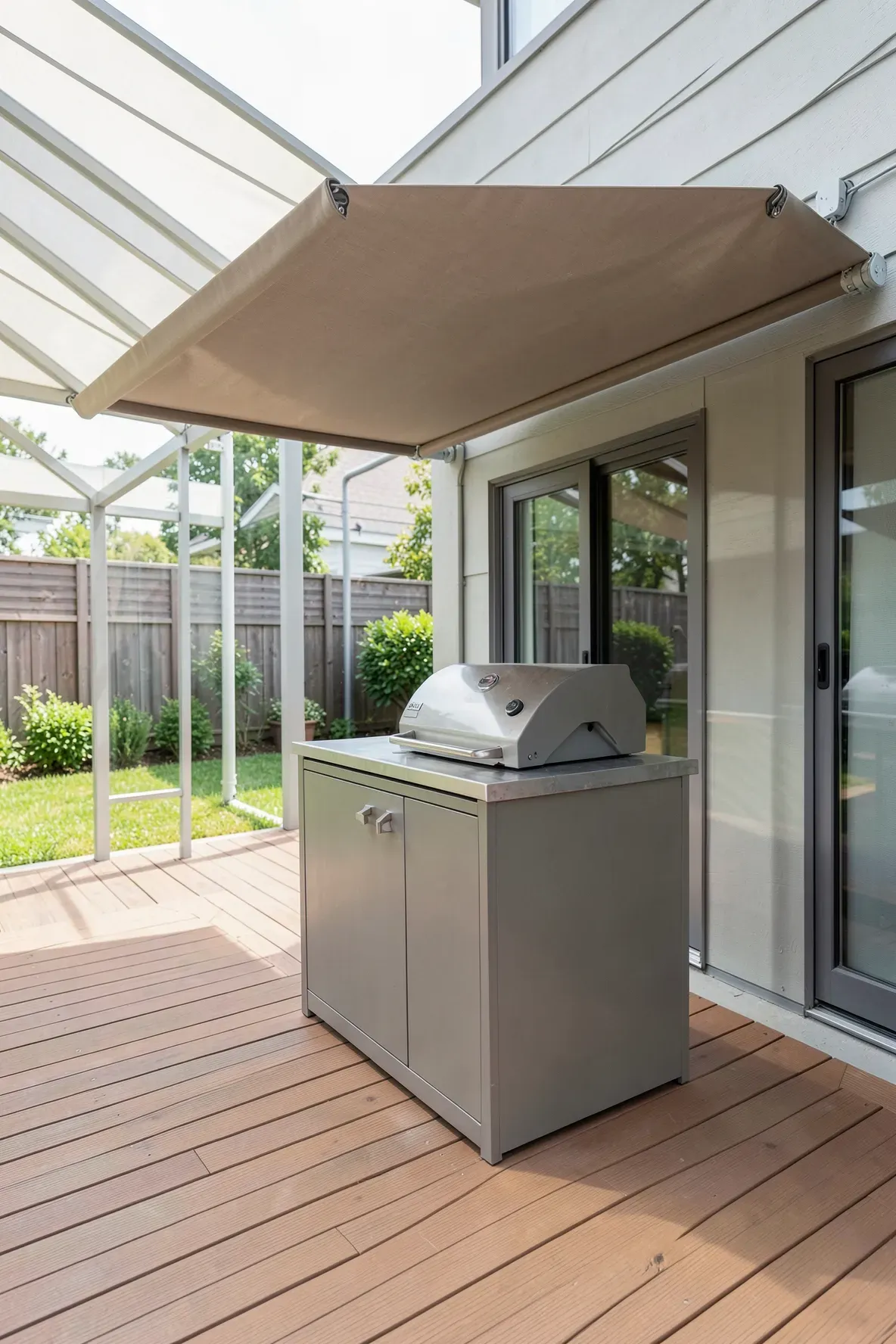 A modern BBQ island on a wooden deck under an extended neutral-toned retractable awning.