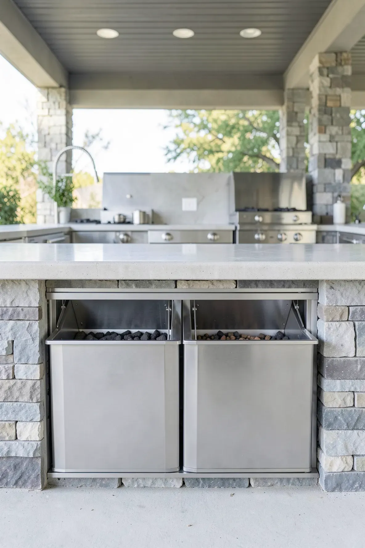 Integrated stainless steel storage bins for charcoal and pellets in a stone outdoor kitchen island.