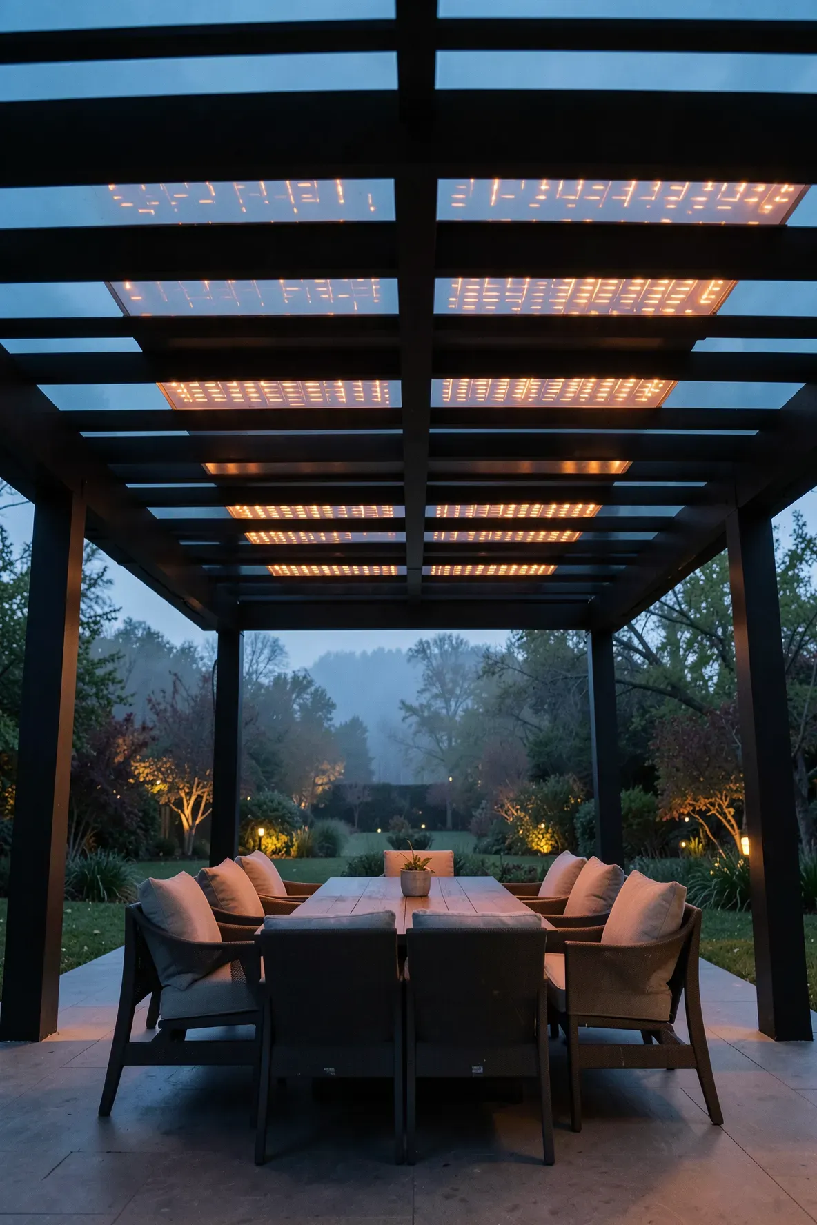 Ceiling-mounted infrared heaters glowing over a modern covered outdoor kitchen and dining area.