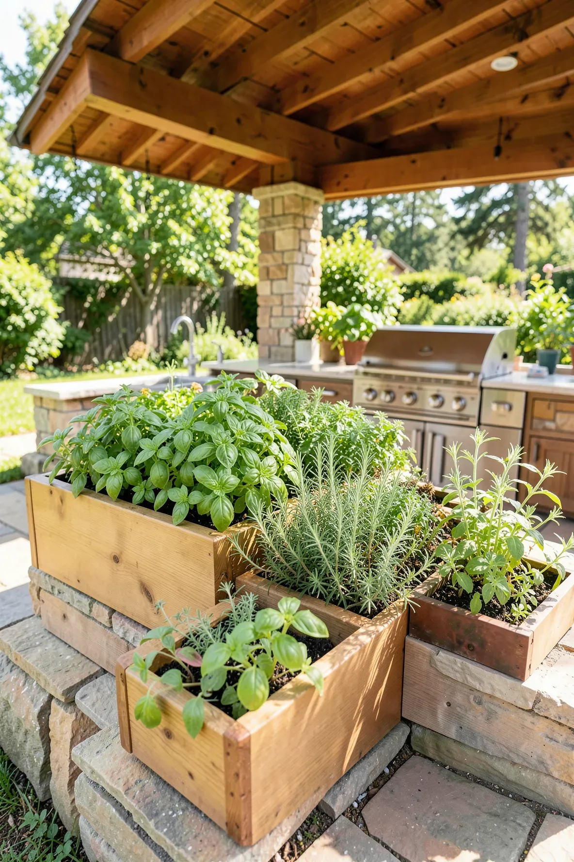 Raised cedar herb planter boxes built into the side of a stone outdoor kitchen prep area.