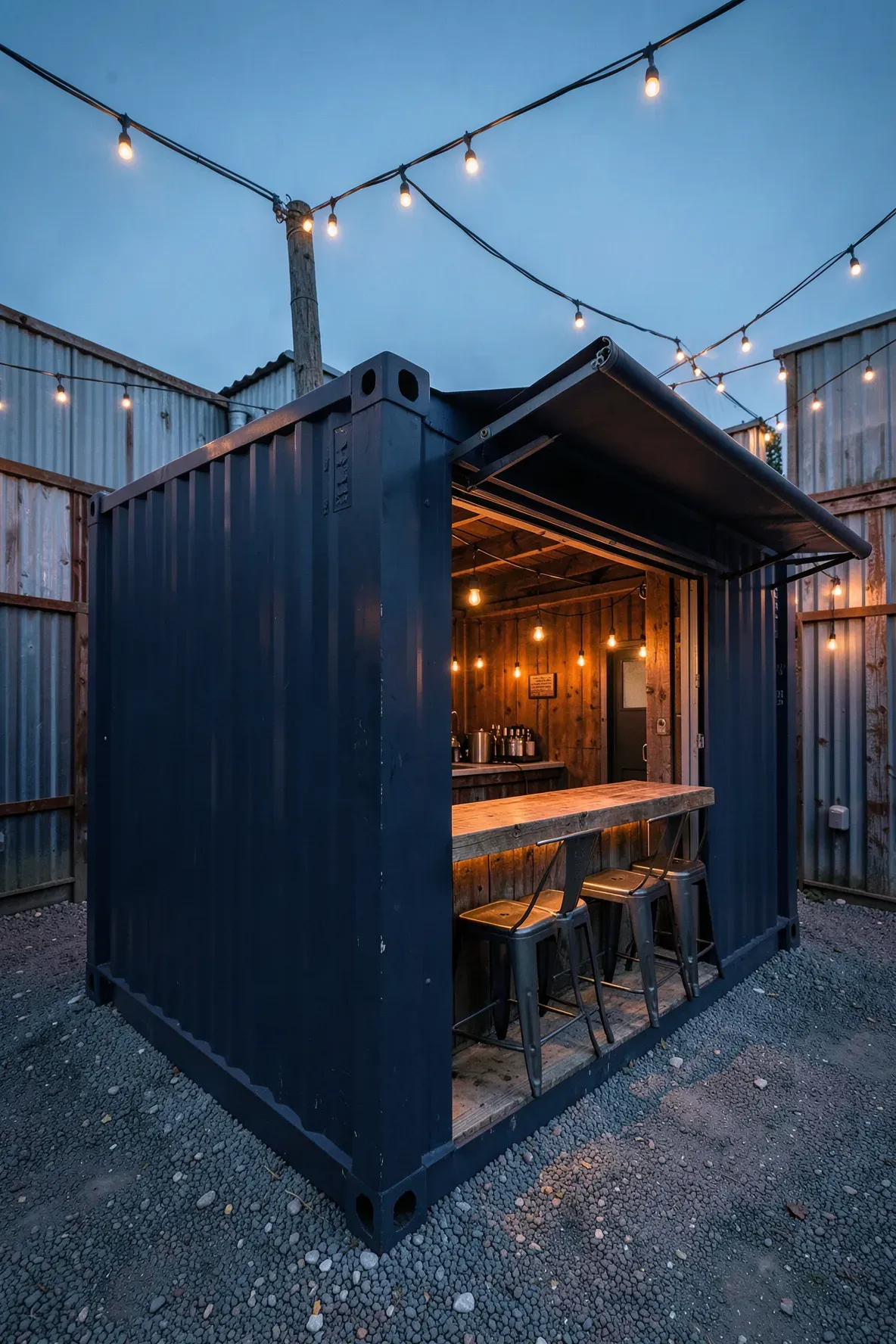A navy blue shipping container converted into a modern industrial outdoor bar with a flip-up awning.
