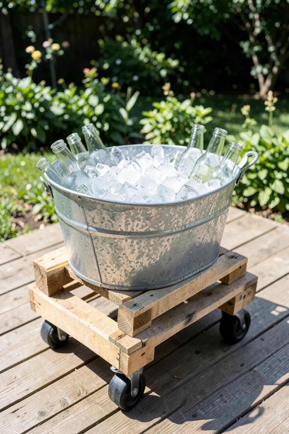 A rustic wooden rolling cart holding a galvanized metal tub full of ice and drinks on a deck.