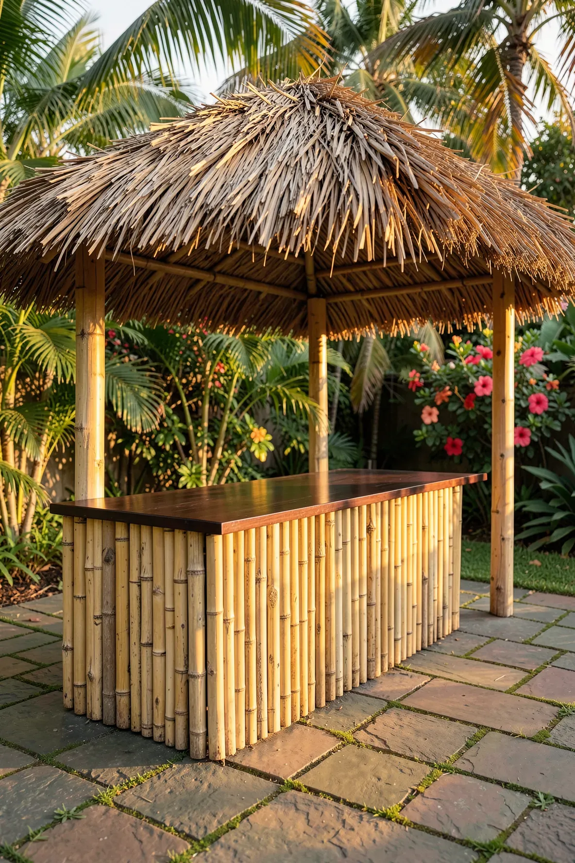 A tropical bamboo-wrapped tiki bar with a thick thatch roof on a stone patio surrounded by palm trees.
