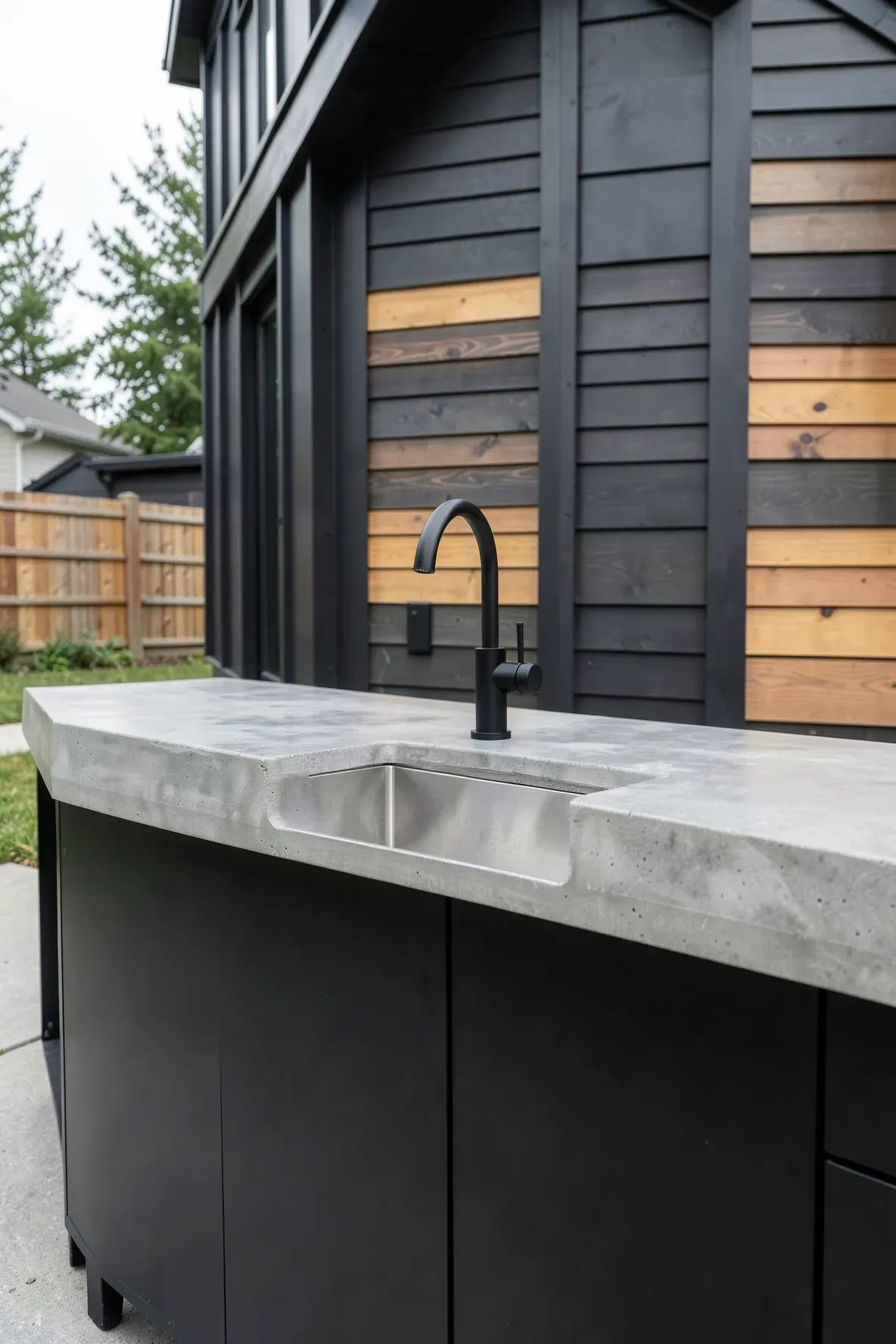 A modern outdoor bar with a polished gray concrete countertop and a built-in stainless steel sink.