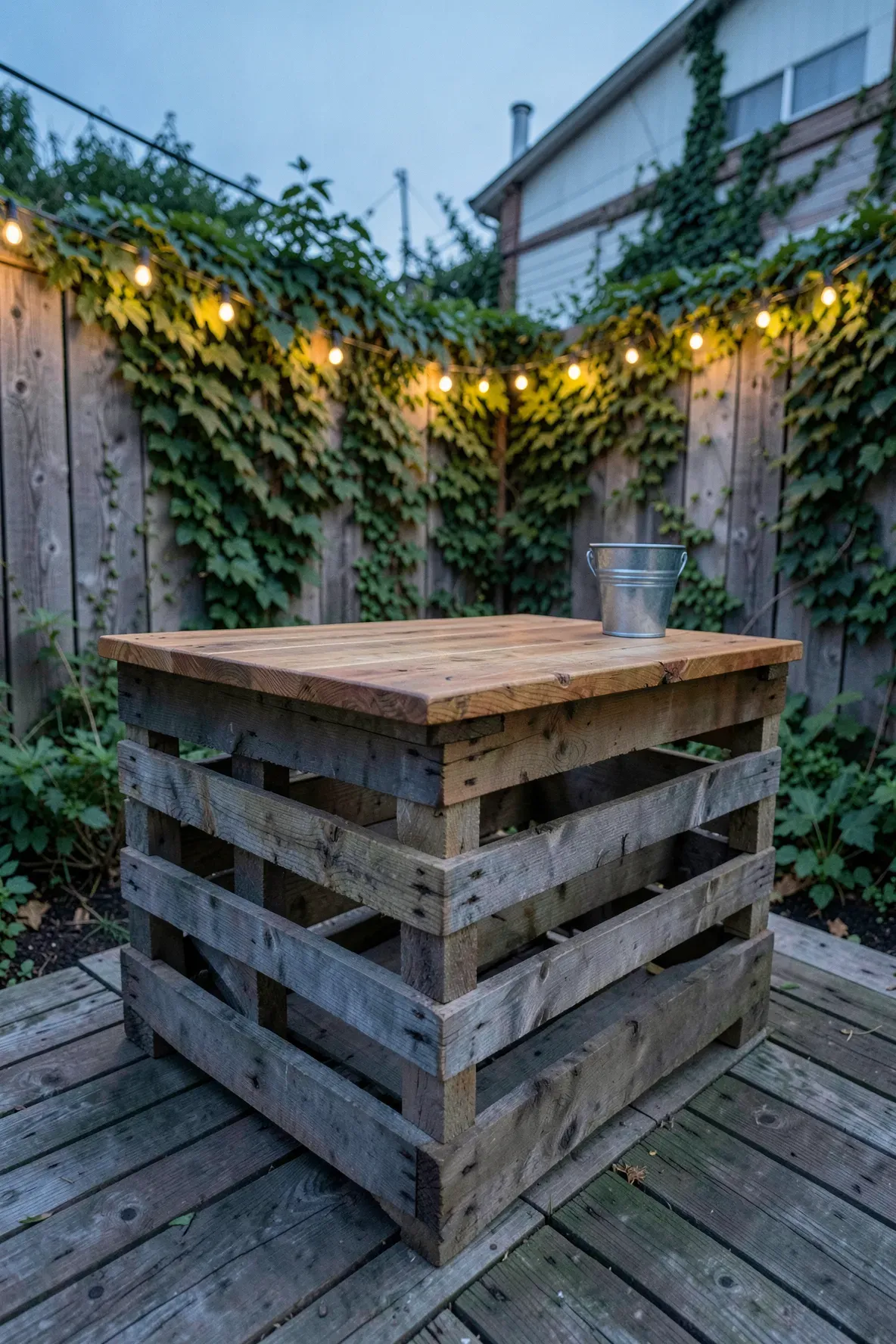 A rustic DIY outdoor bar made from reclaimed wood pallets on a small garden deck with string lights.