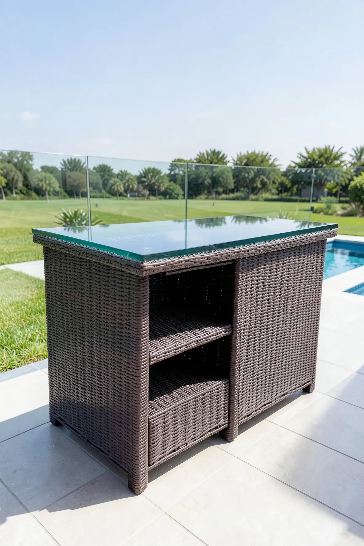 A dark wicker outdoor bar with a glass top and storage shelves on a luxury poolside terrace.