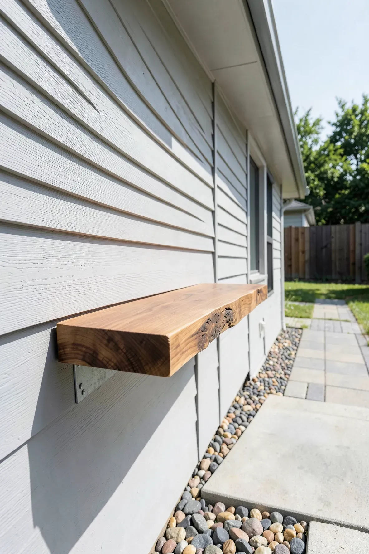 A thick live-edge wood shelf mounted as a floating bar on the gray siding of a house walkway.