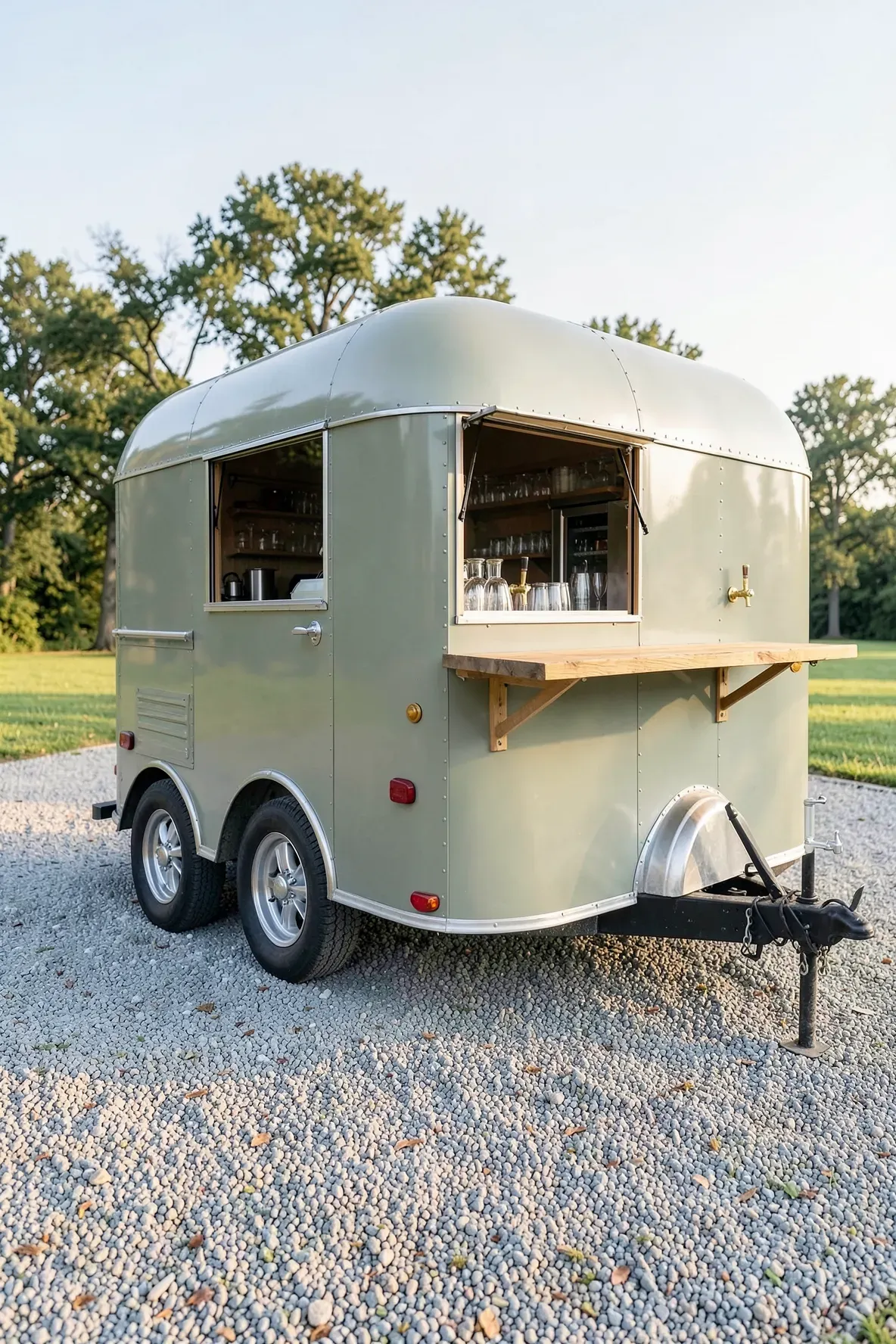 A vintage horse trailer converted into a stylish mobile bar with a wooden counter and brass taps.