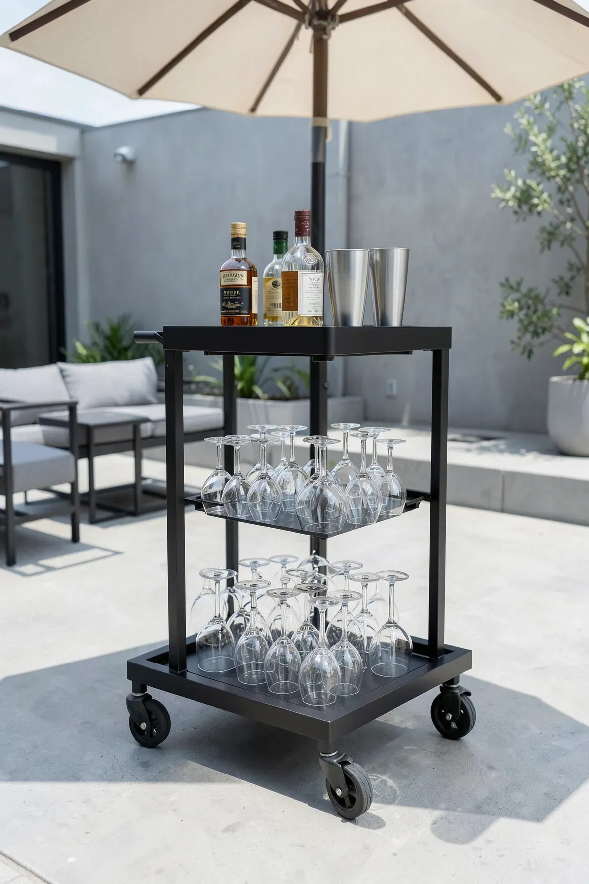 A modern black metal bar cart with built-in wine glass racks on a minimalist concrete patio.