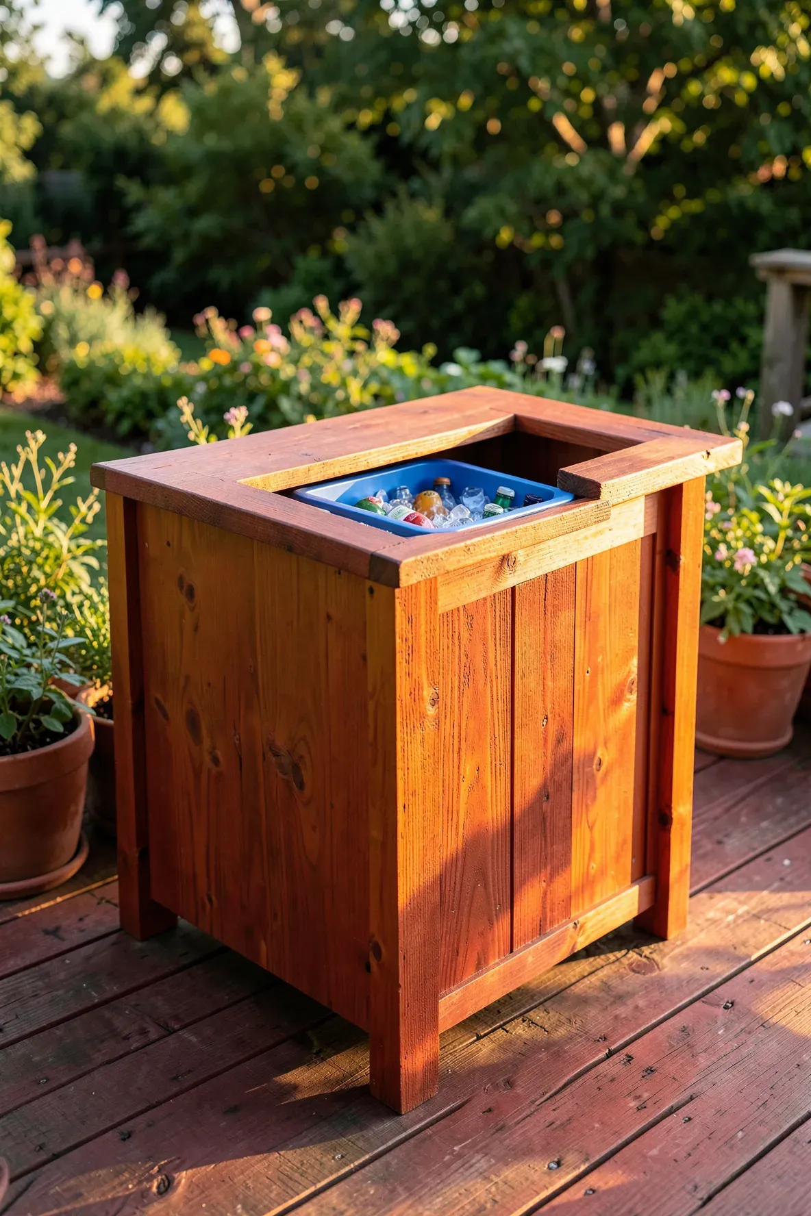 A custom redwood outdoor bar with a built-in cooler recessed into the countertop on a wooden deck.