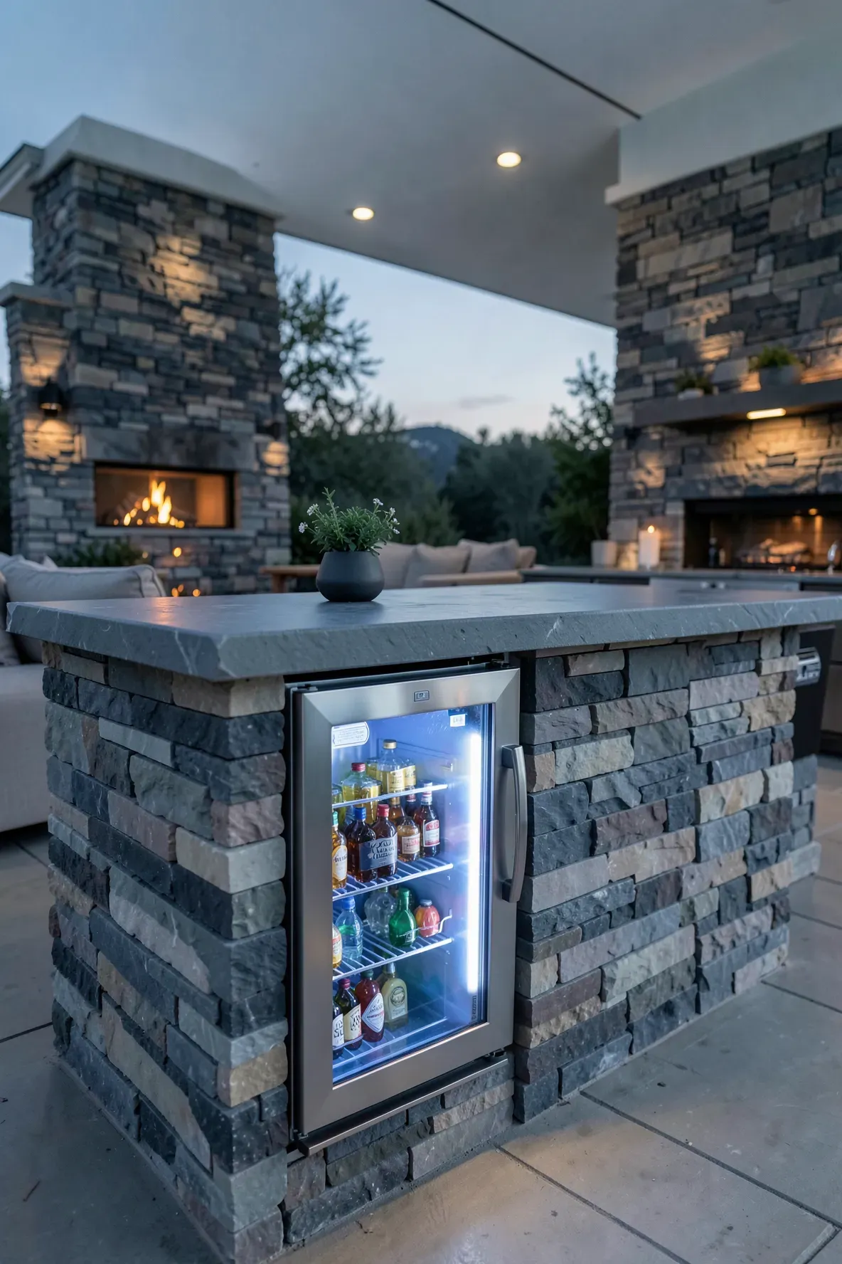 A luxury outdoor bar with a glass-front refrigerator built into stacked stone cabinetry.