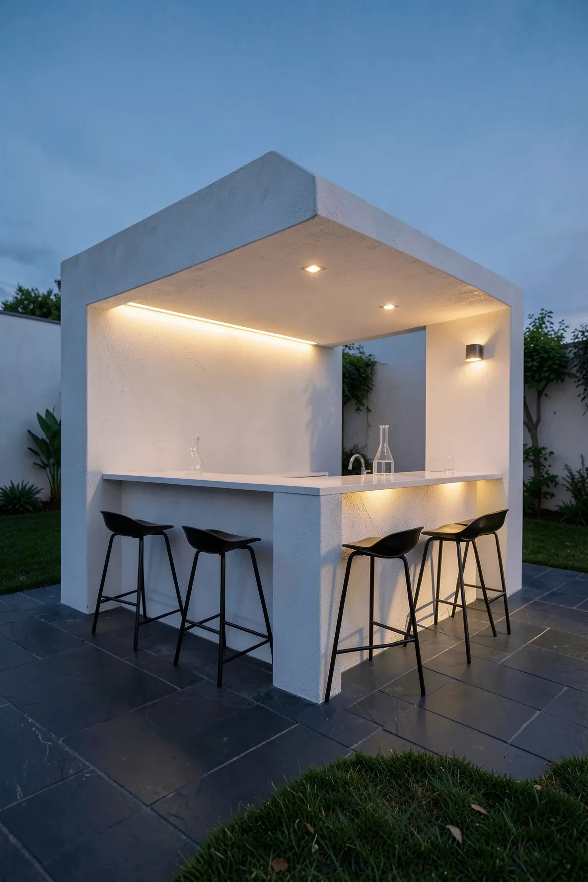 A modern white stucco outdoor bar with warm LED under-counter lighting at dusk.