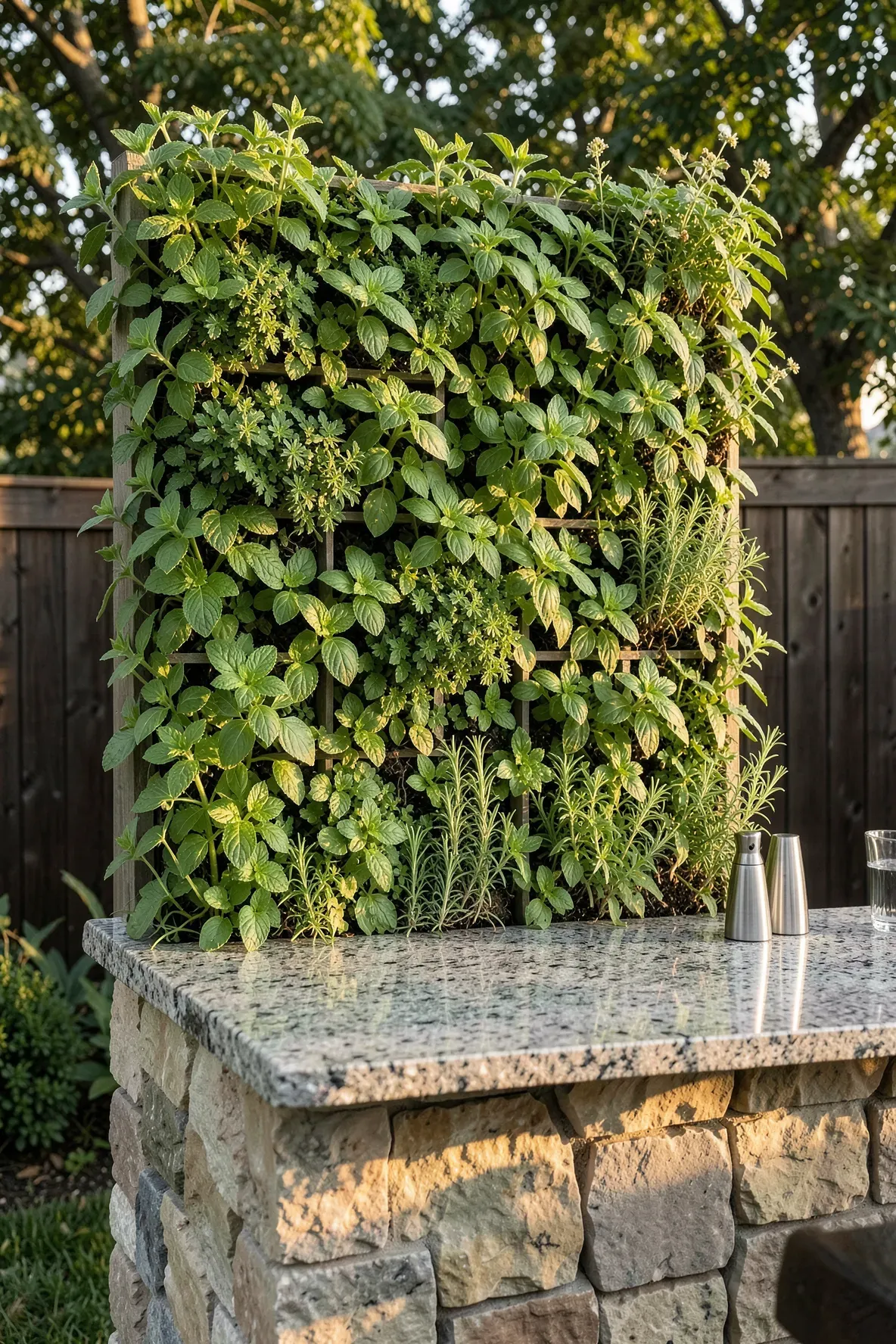 A vibrant vertical herb garden wall positioned behind a stone outdoor bar counter.