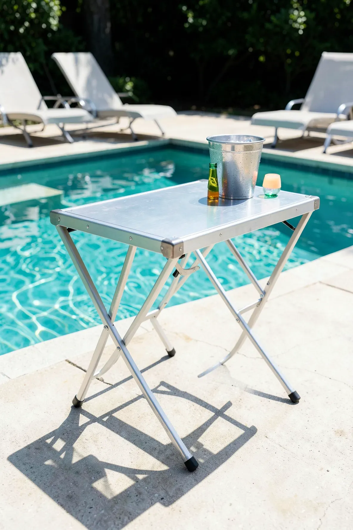 A lightweight brushed aluminum folding bar set up next to a backyard swimming pool.