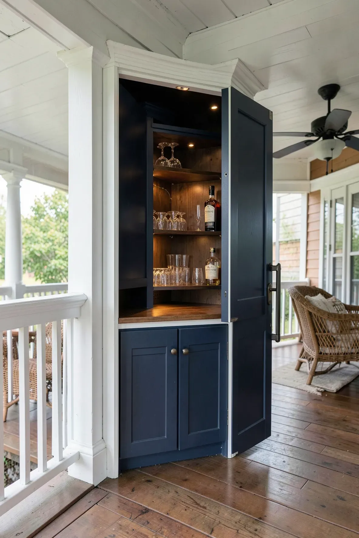 A space-saving hidden cabinet bar tucked into the corner of a classic covered porch.