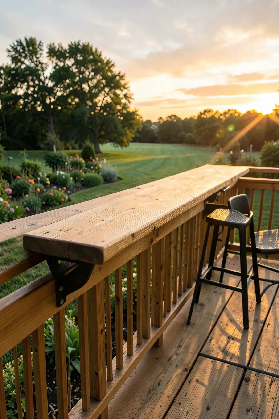 A wooden cantilevered bar top attached to a deck railing overlooking a backyard.