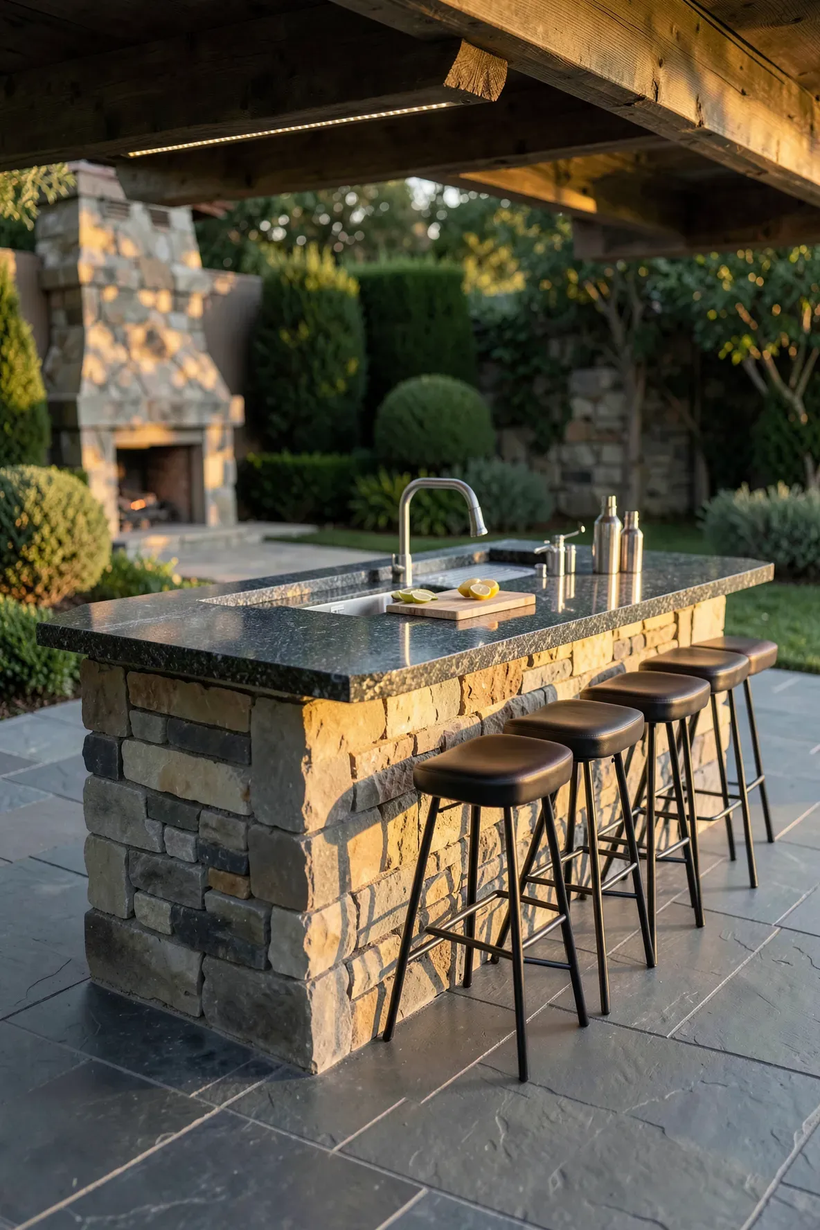 A professional dual-level outdoor bar with a stone prep counter and a raised wooden seating tier.
