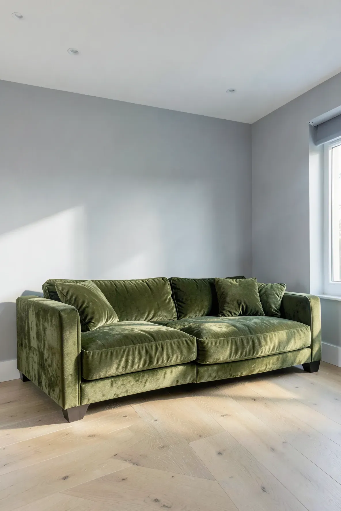 A luxurious velvet olive green couch in a bright living room with light gray walls and natural light.