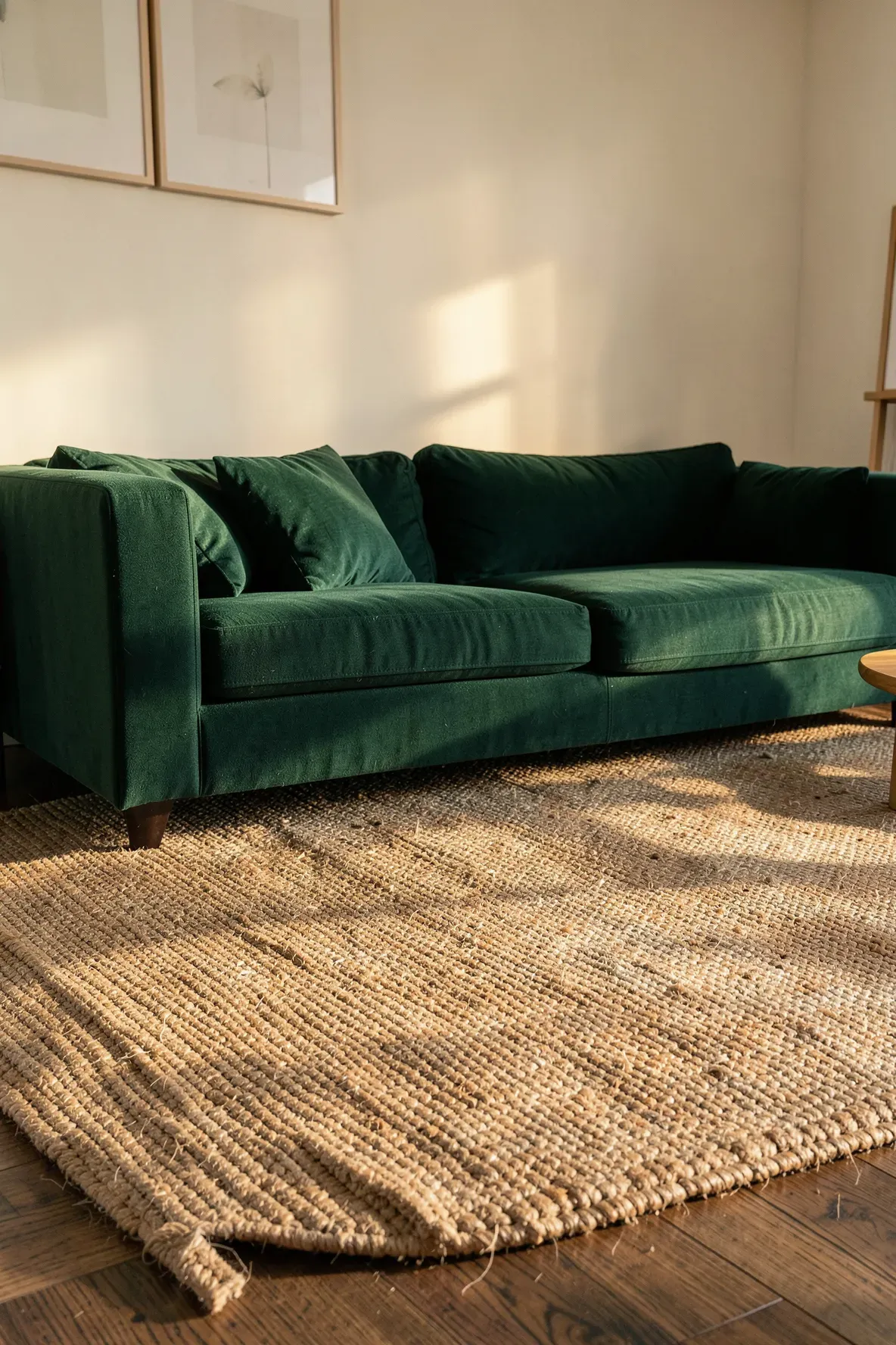 An emerald green sofa sitting on a textured tan jute rug in a cozy, sunlit living room.