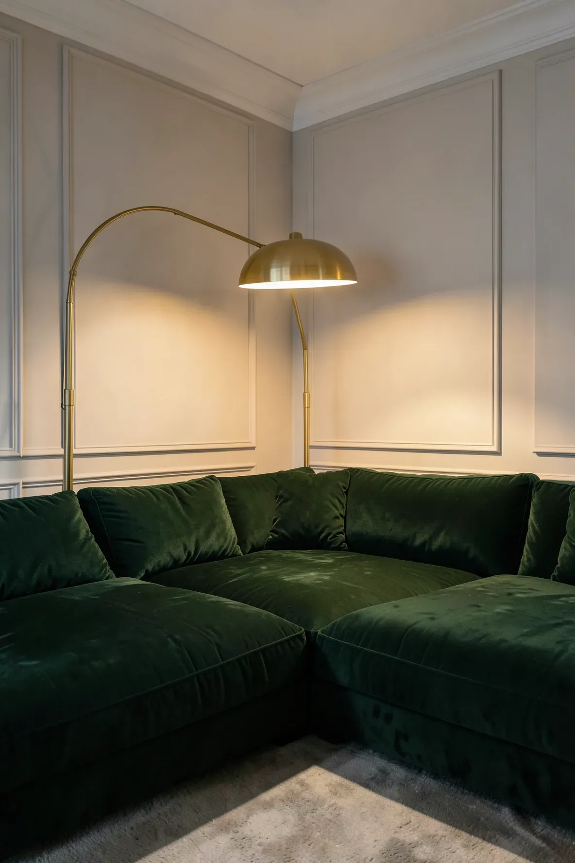 A deep green sectional sofa with a stylish brass floor lamp in a luxury living room.