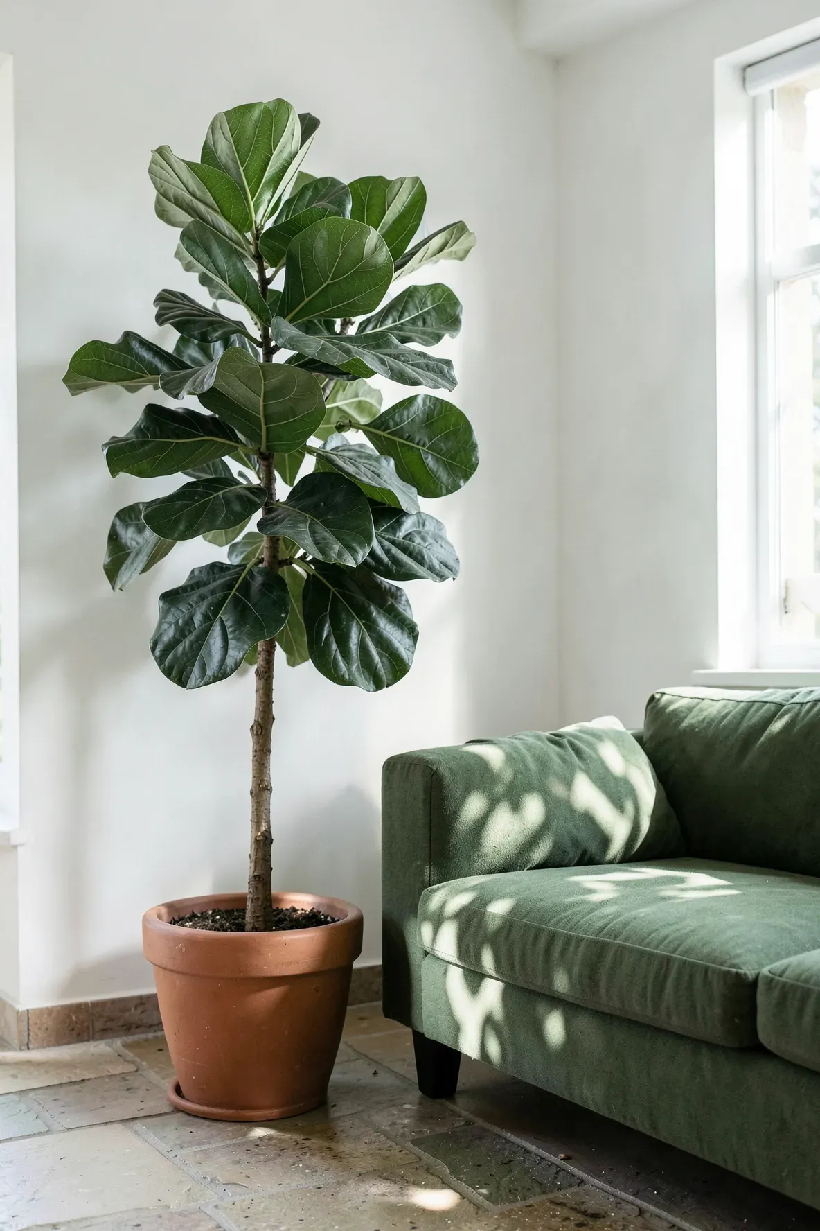 A large fiddle leaf fig plant next to an earthy green couch in a bright, plant-filled living room.