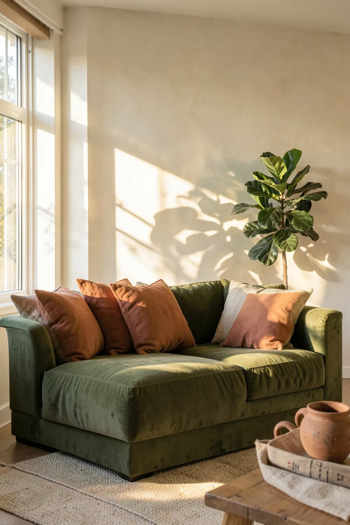 A muted green sofa styled with warm terracotta pillows in a sunlit, cozy living room.