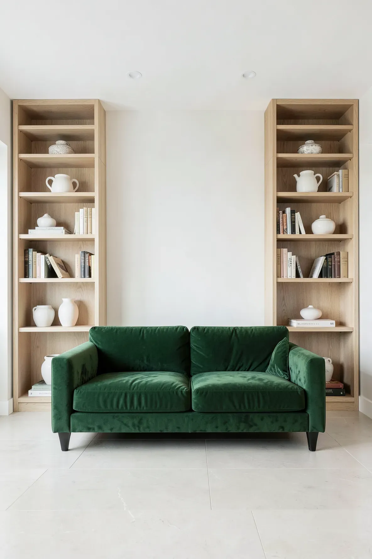 Symmetrical light oak bookshelves framing a deep green couch in a bright, modern room.